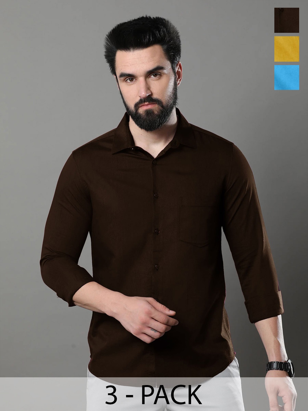 

1 Stop Fashion Pack Of 3 Opaque Slim Fit Cotton Casual Shirt, Multi