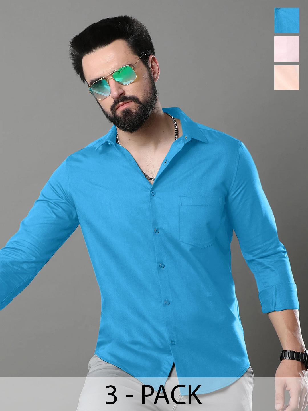 

1 Stop Fashion Pack Of 3 Opaque Slim Fit Cotton Casual Shirt, Blue