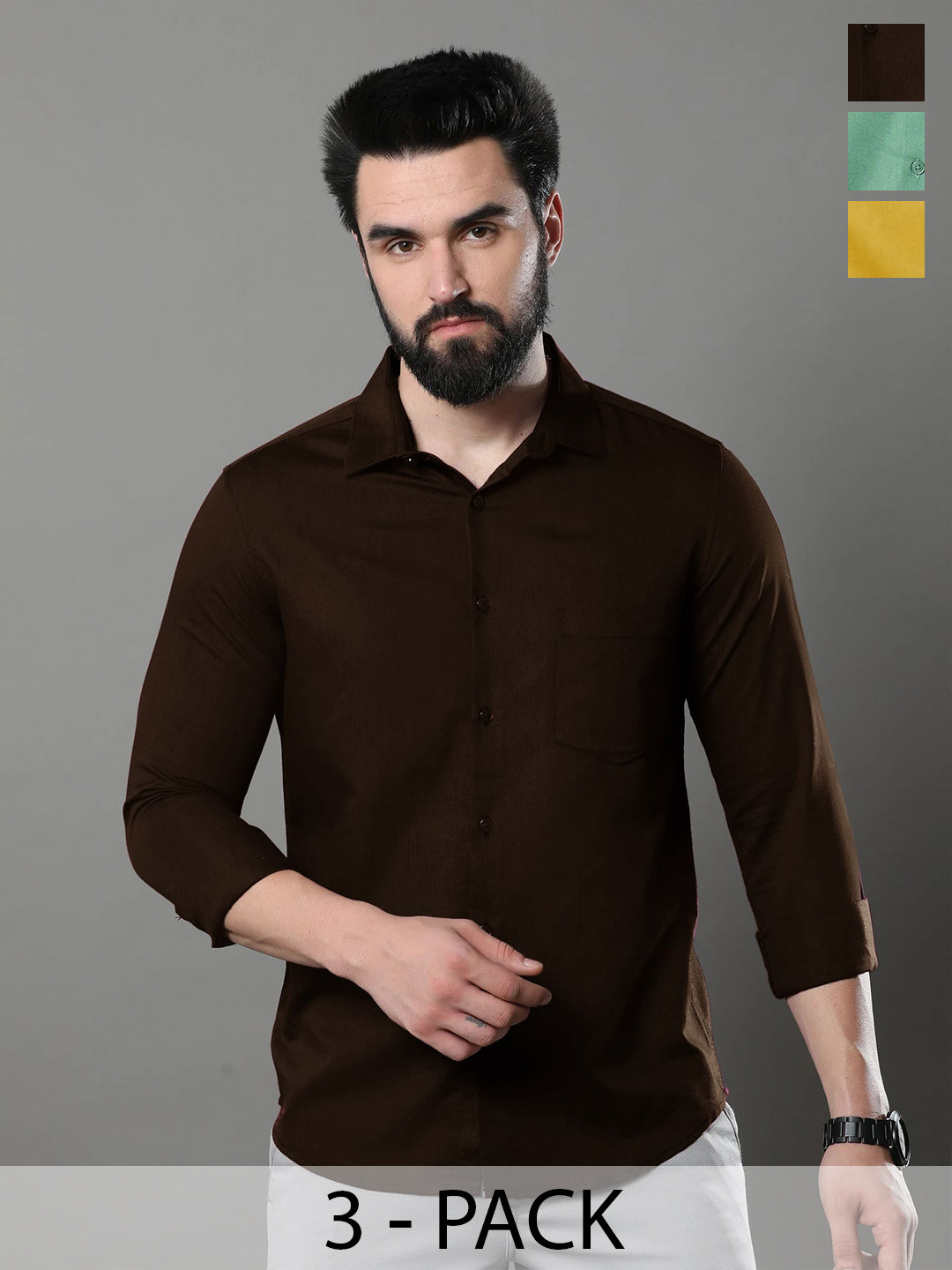 

1 Stop Fashion Pack Of 3 Opaque Slim Fit Cotton Casual Shirt, Black