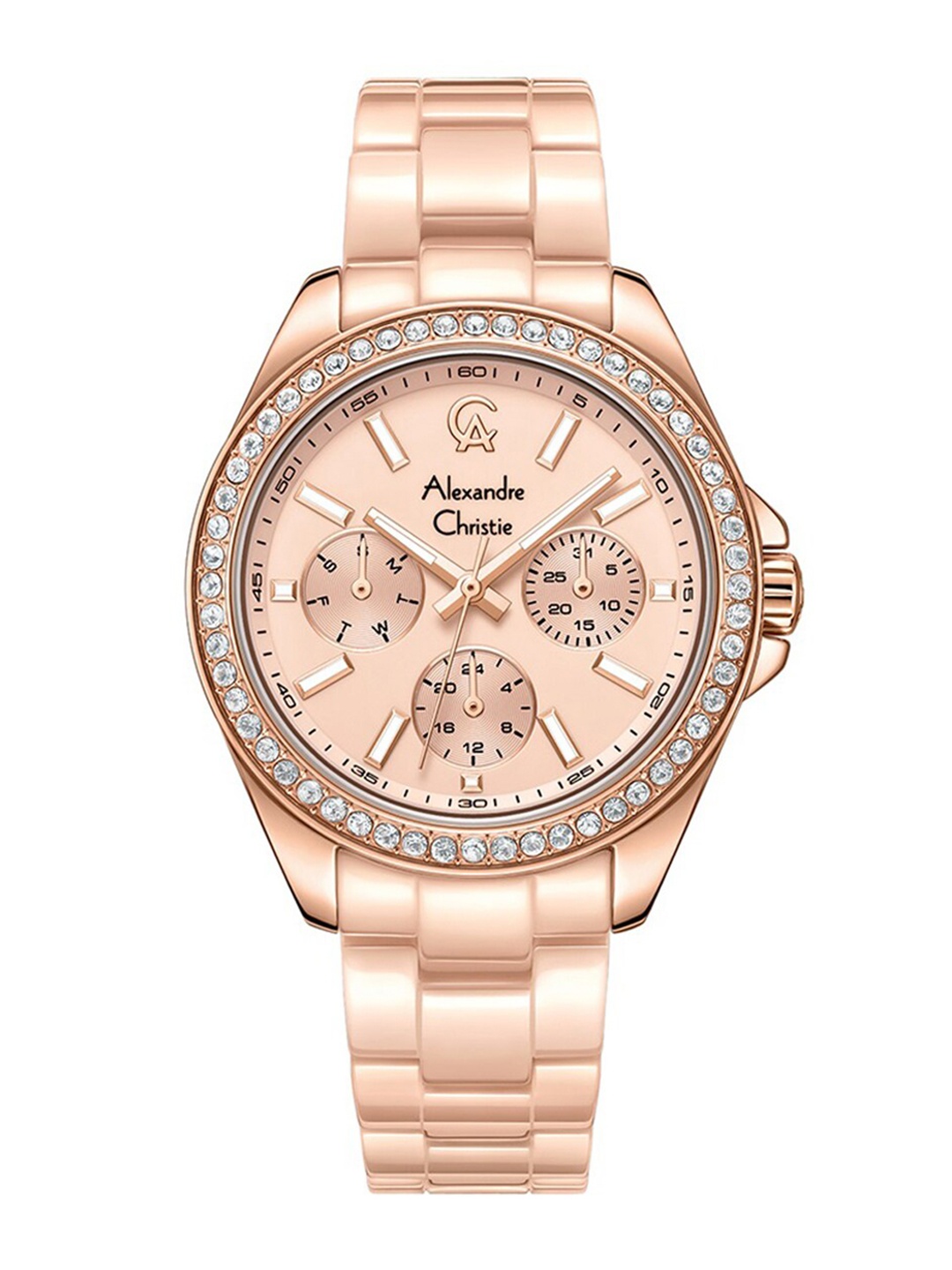 

Alexandre Christie Women Embellished Bracelet Style Straps Analogue Watch 2A74BFBRGPN, Pink