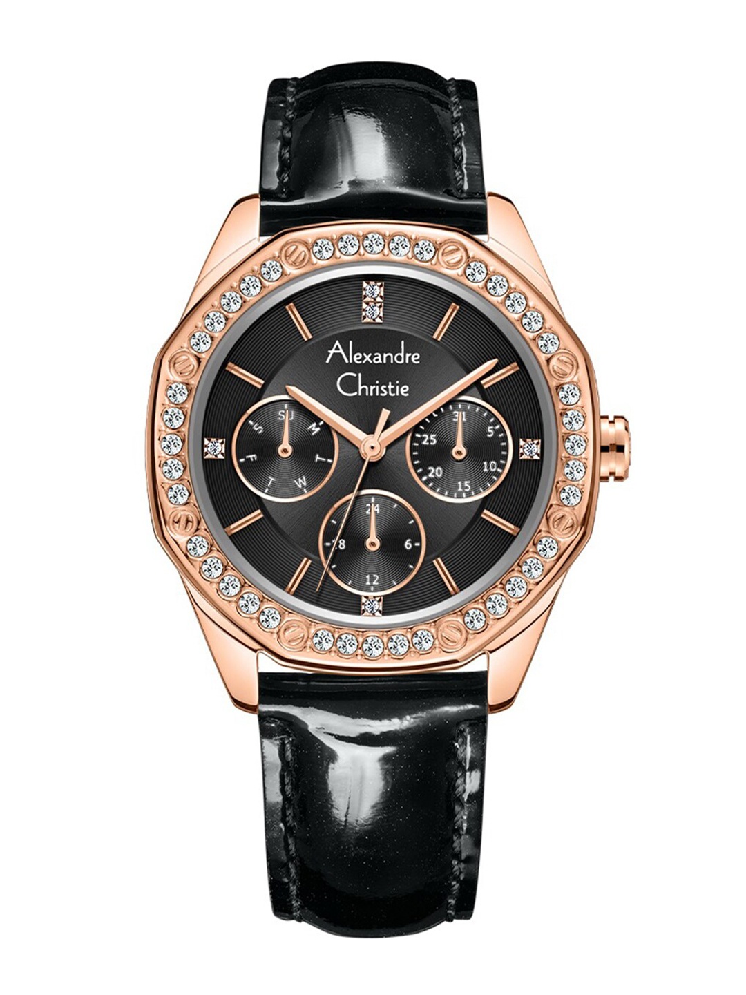 

Alexandre Christie Women Embellished Leather Analogue Watch 2B17BFLRGBA, Black