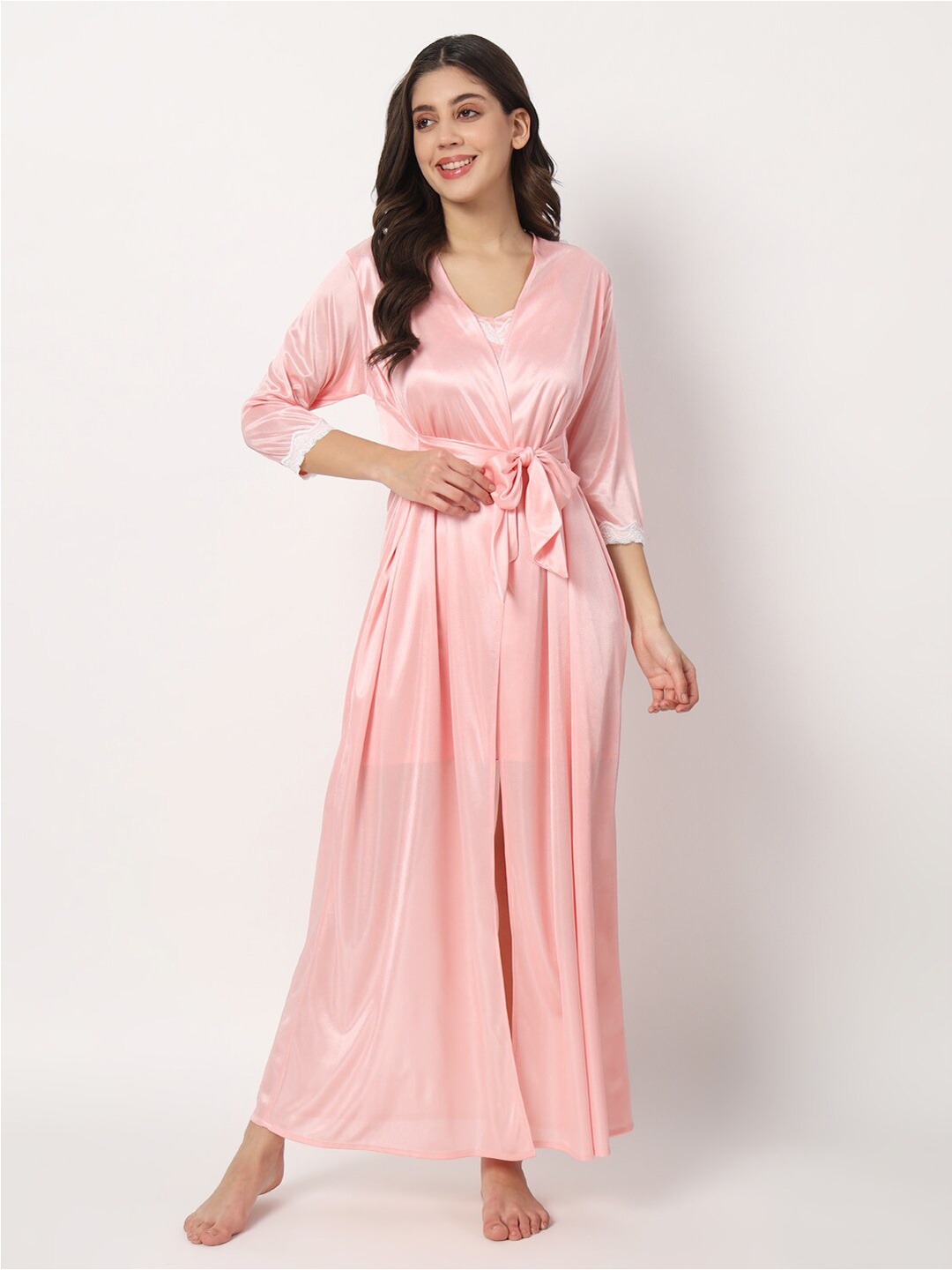 

Klamotten Shoulder Straps Above Knee Length Satin Nightdress With Robe, Peach