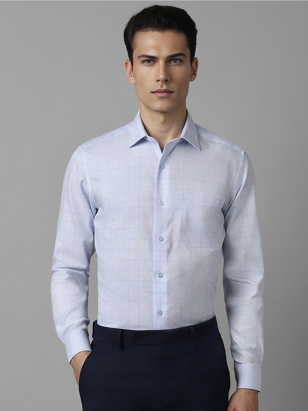 

Louis Philippe Checked Cotton Spread Collar Curved Formal Shirt, Blue