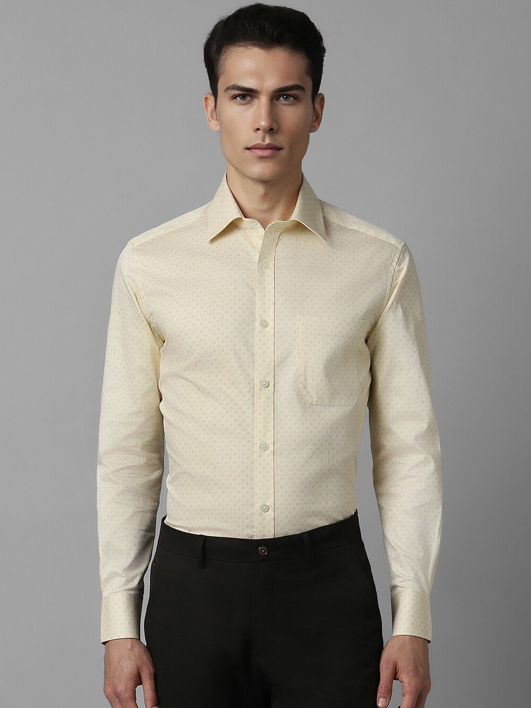 

Louis Philippe Self Design Cotton Spread Collar Straight Formal Shirt, Yellow