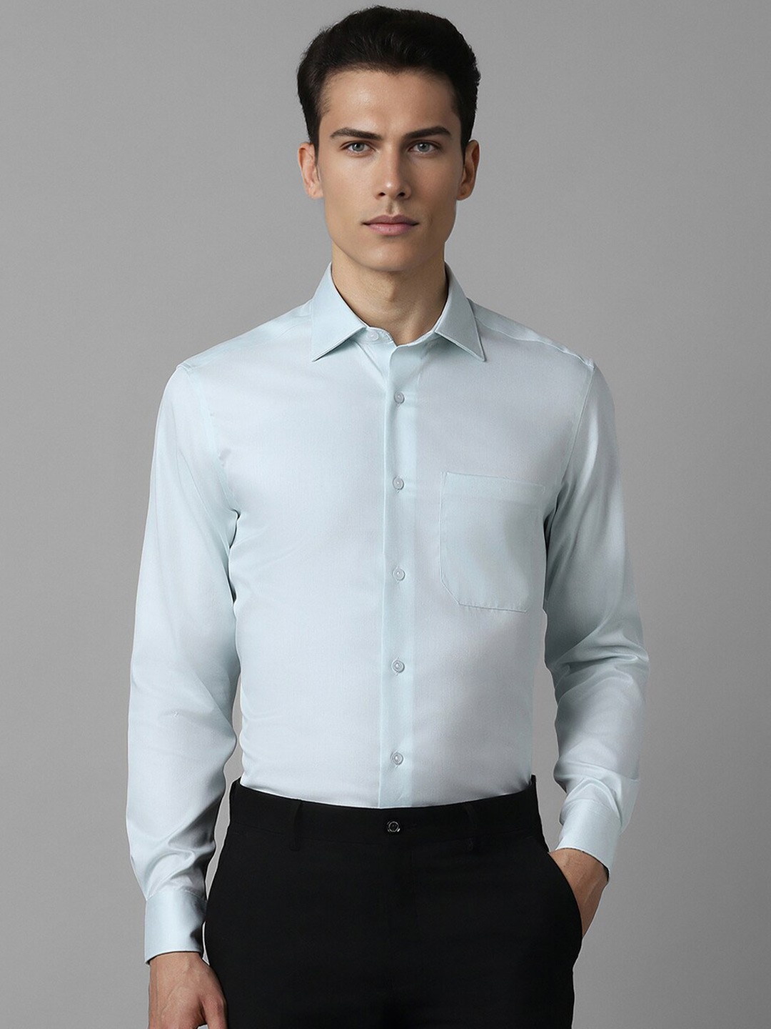

Louis Philippe Textured Spread Collar Long Sleeves Cotton Formal Shirt, Blue