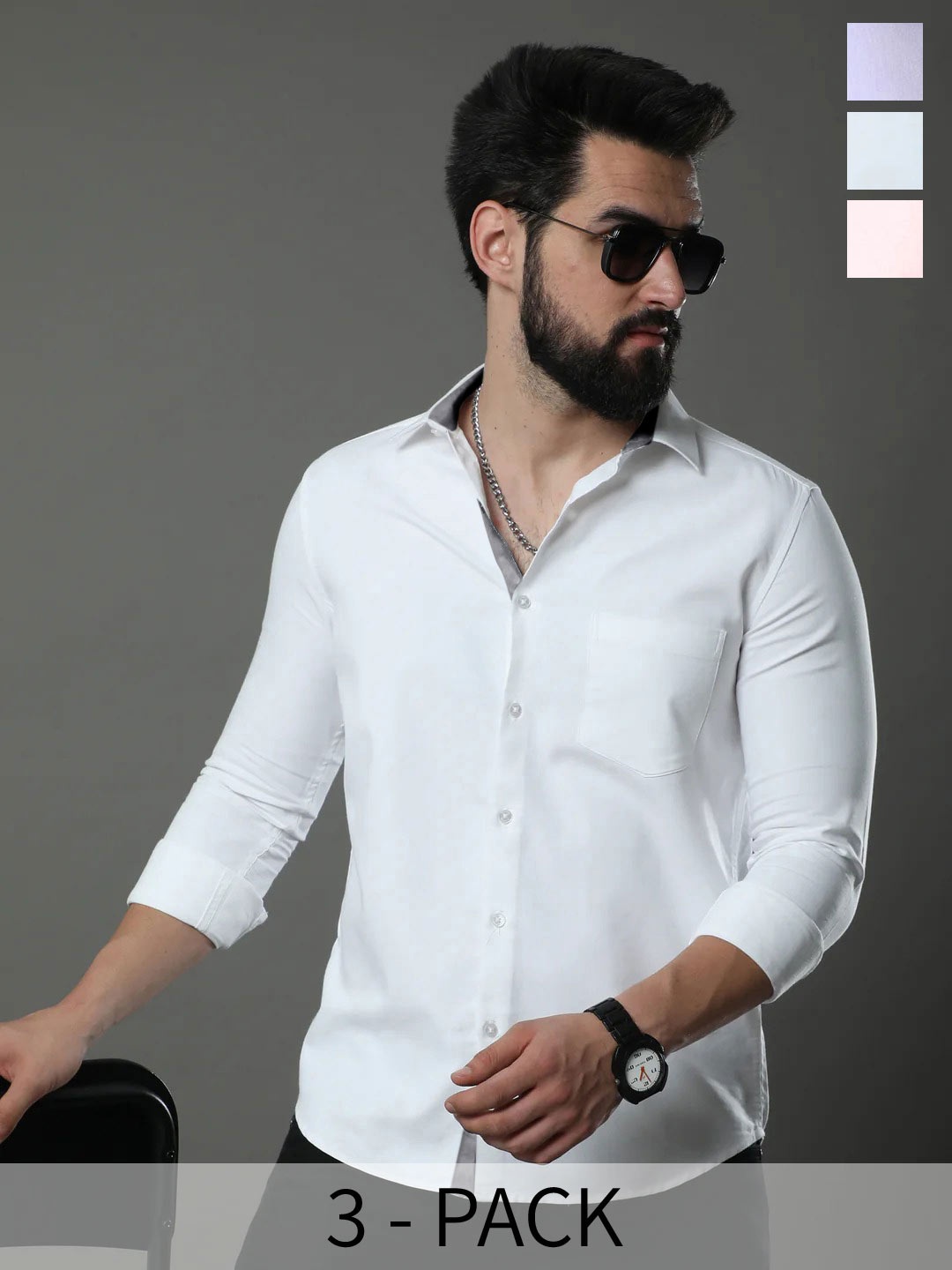 

Tee Projekt Pack Of 3 Spread Collar Long Sleeves Cotton Casual Shirt, White