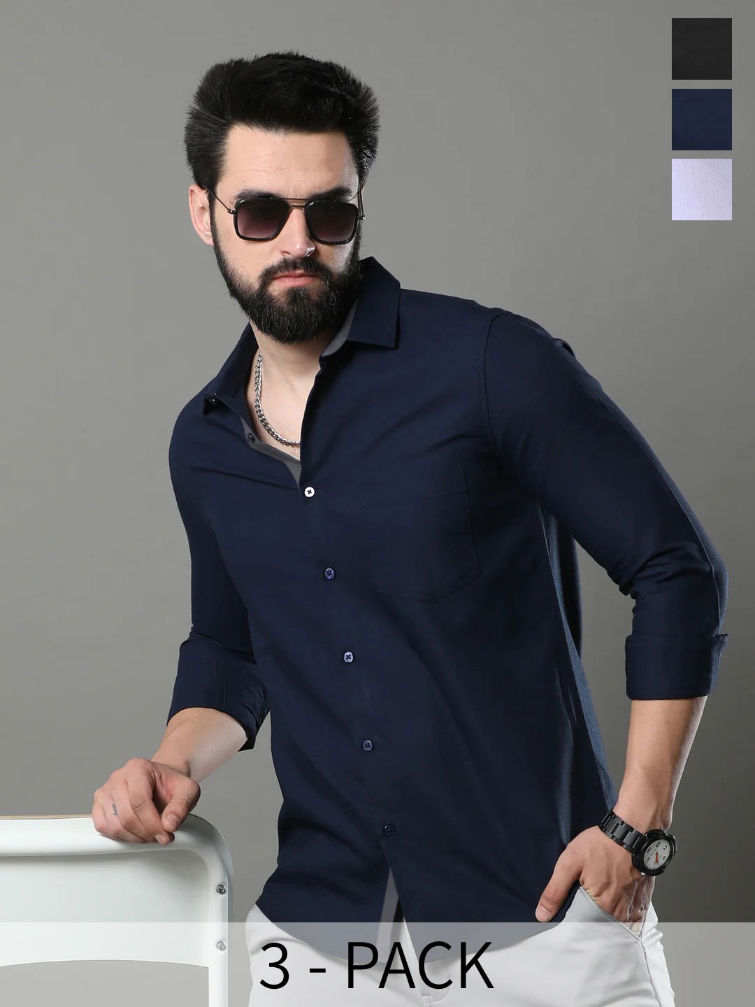 

Tee Projekt Pack Of 3 Pure Cotton Standard Slim Fit Opaque Casual Shirt, Blue