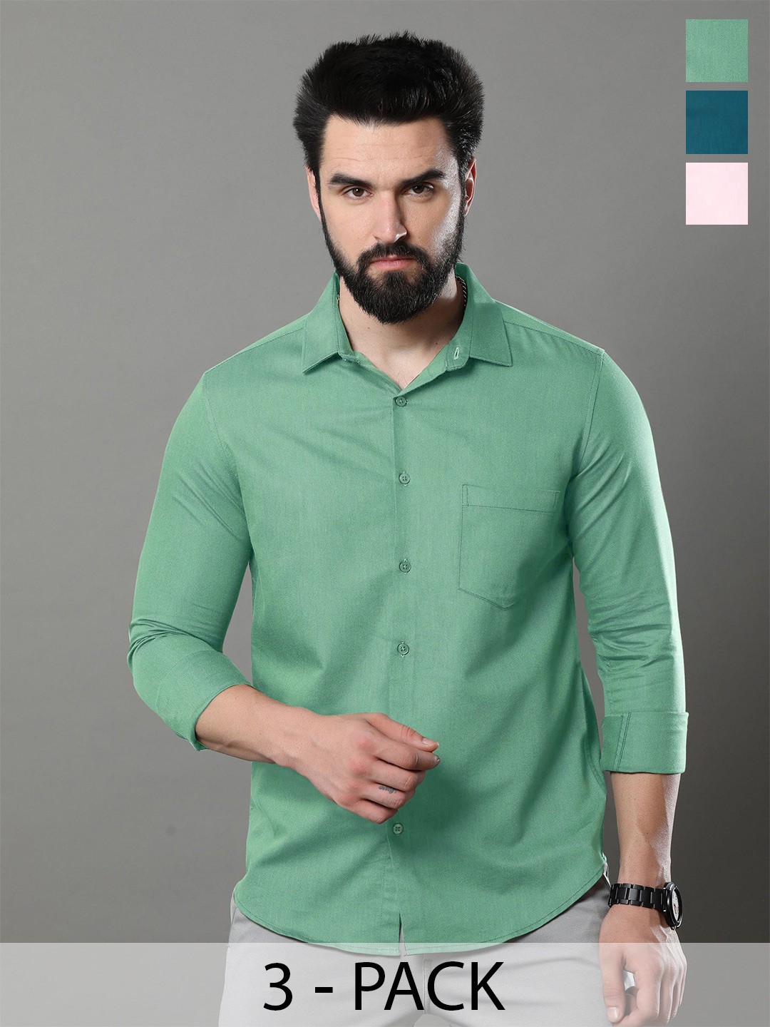 

Tee Projekt Pack of 3 Standard Opaque Pure Cotton Casual Shirt, Green