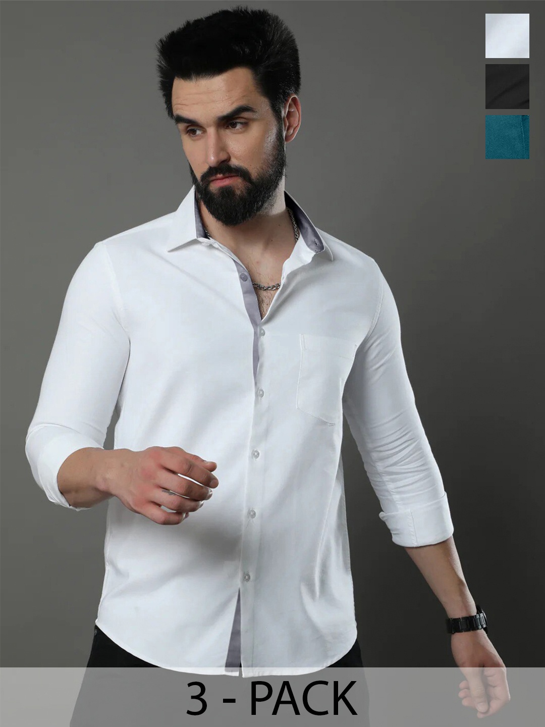 

Tee Projekt Spread Collar Long Sleeves Cotton Casual Shirt, White