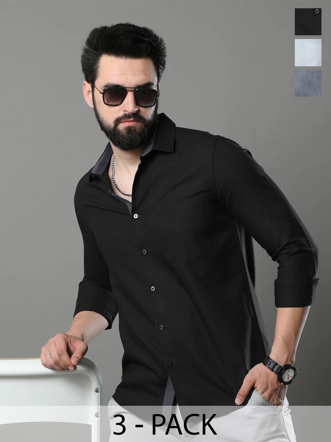 

Tee Projekt Pack Of 3 Standard Opaque Pure Cotton Casual Shirt, Black