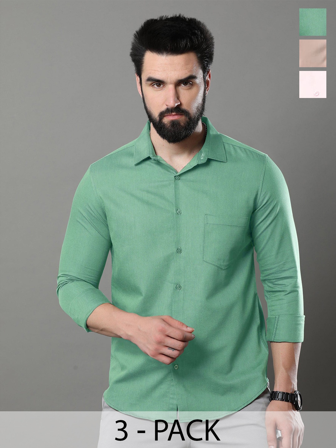 

Tee Projekt Spread Collar Long Sleeves Cotton Casual Shirt, Green