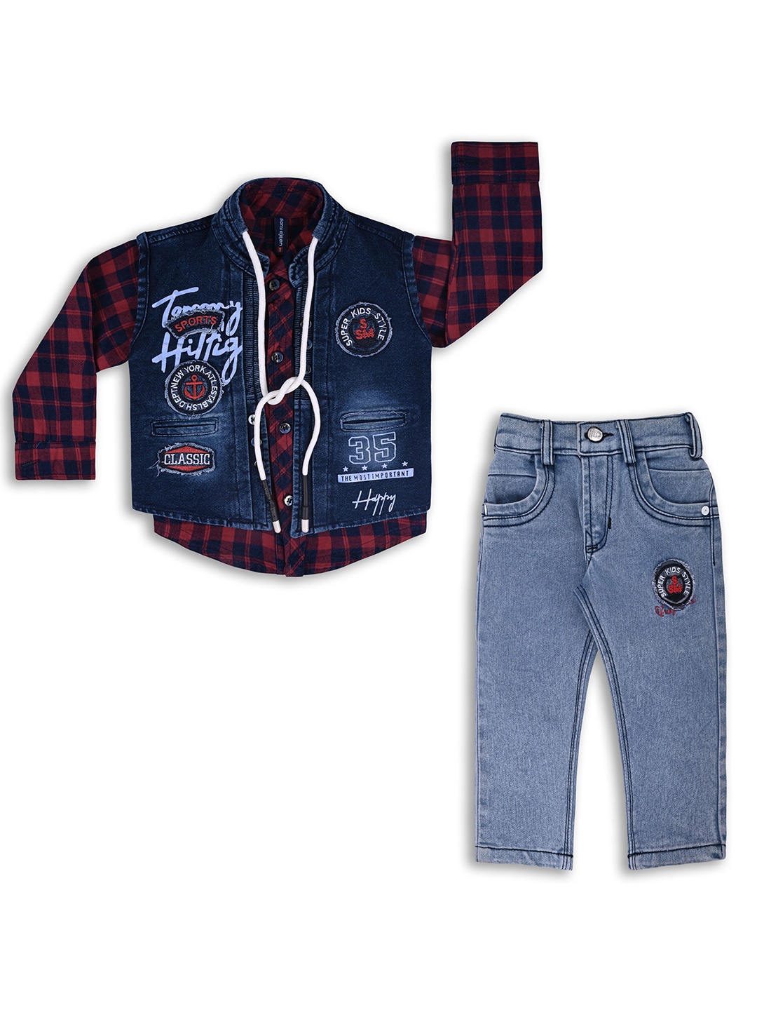 

Wish Karo Boys Checked Shirt With Trousers & Waistcoat, Red