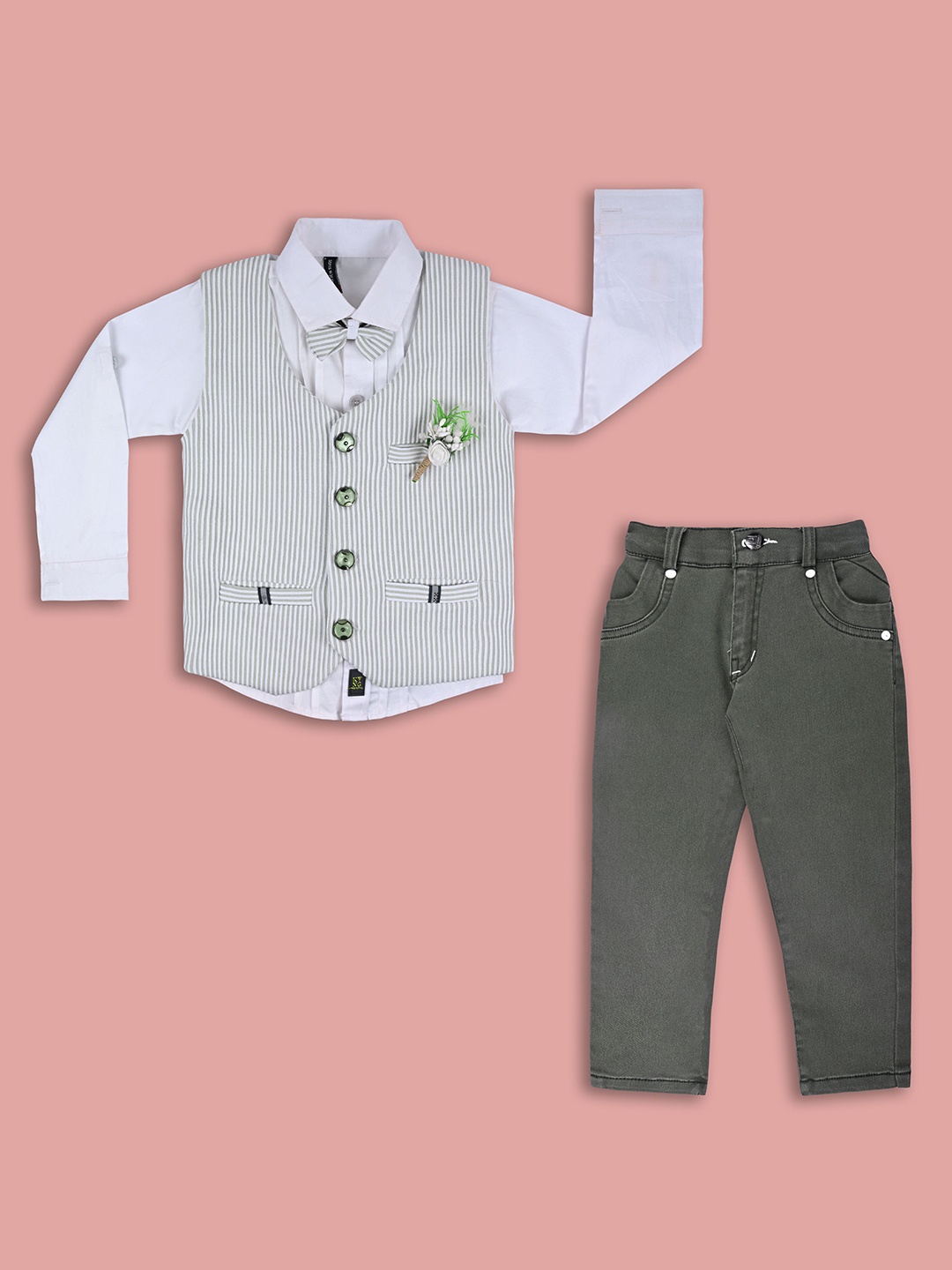 

Wish Karo Boys Striped Shirt With Trousers & Waistcoat, Green