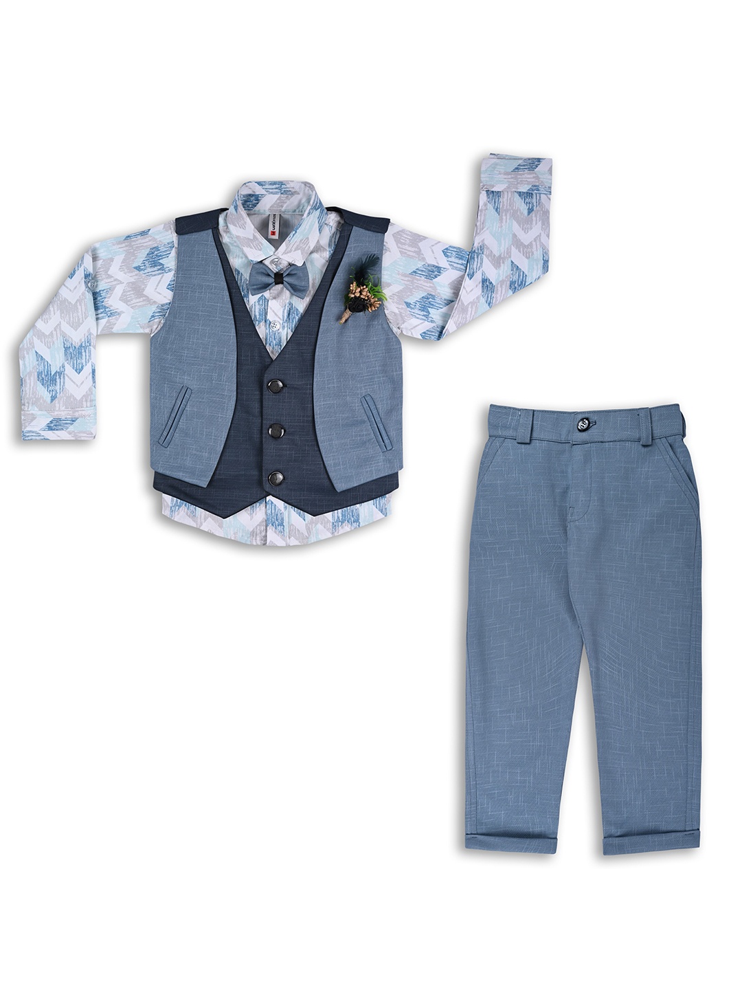 

Wish Karo Boys Printed Shirt With Trousers & Waistcoat, Blue