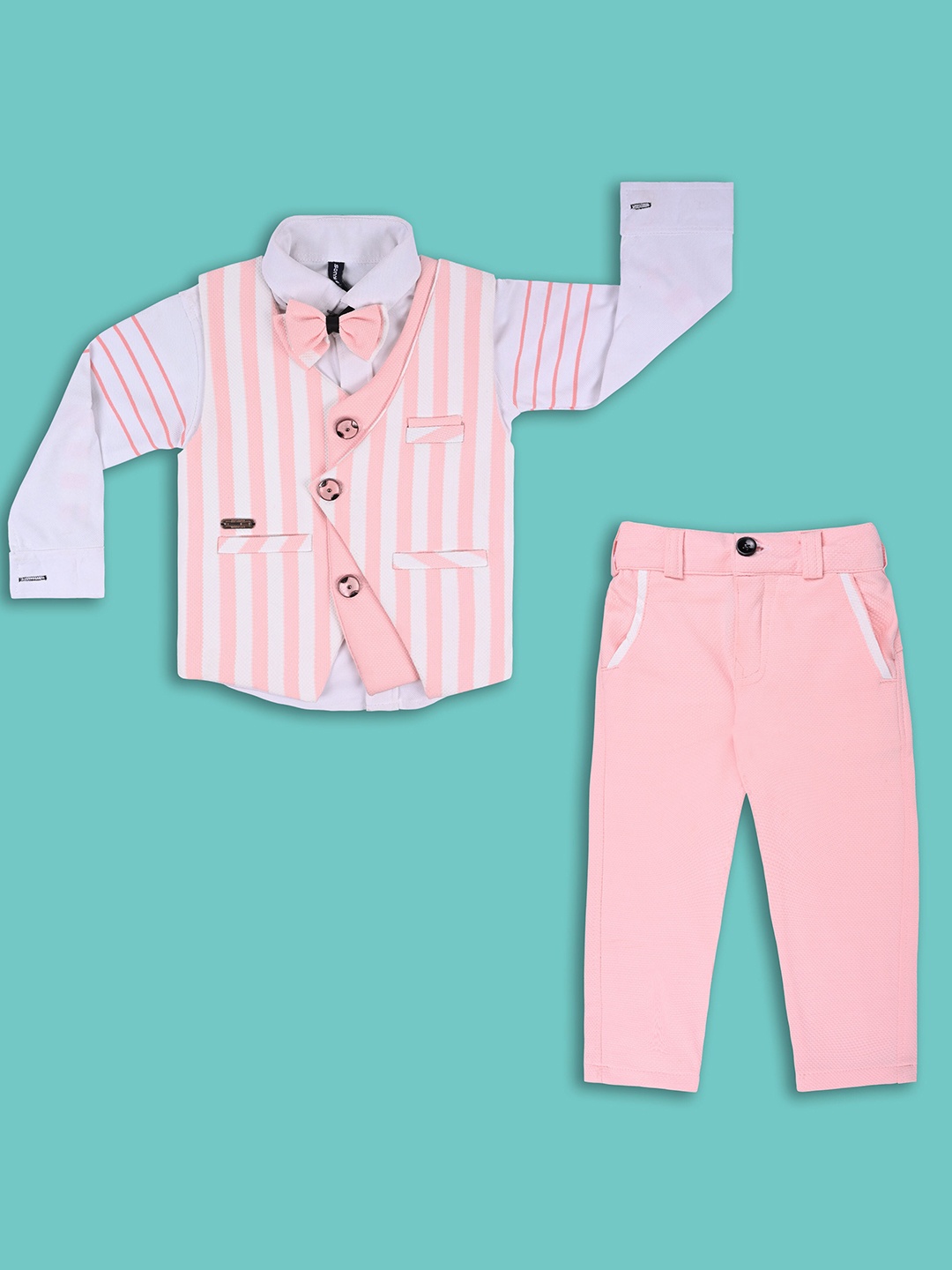 

Wish Karo Boys Striped Shirt With Trousers & Waistcoat, Pink