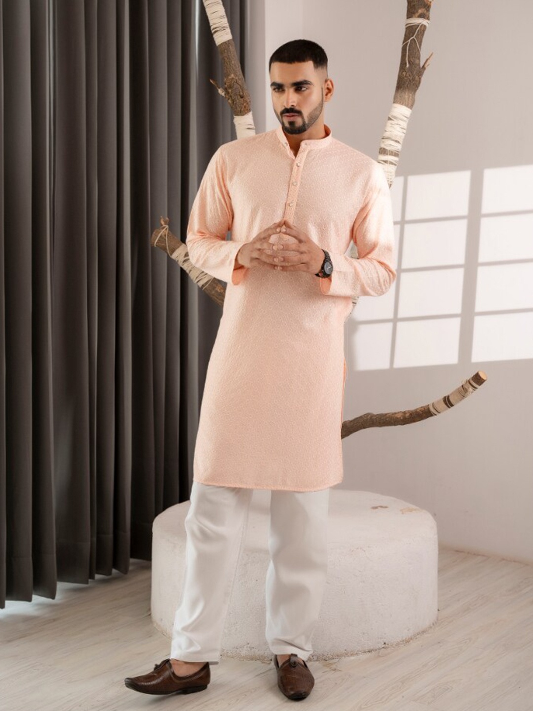 

Firangi Yarn Embroidered Embellished Cotton Silk Empire Kurta, Peach