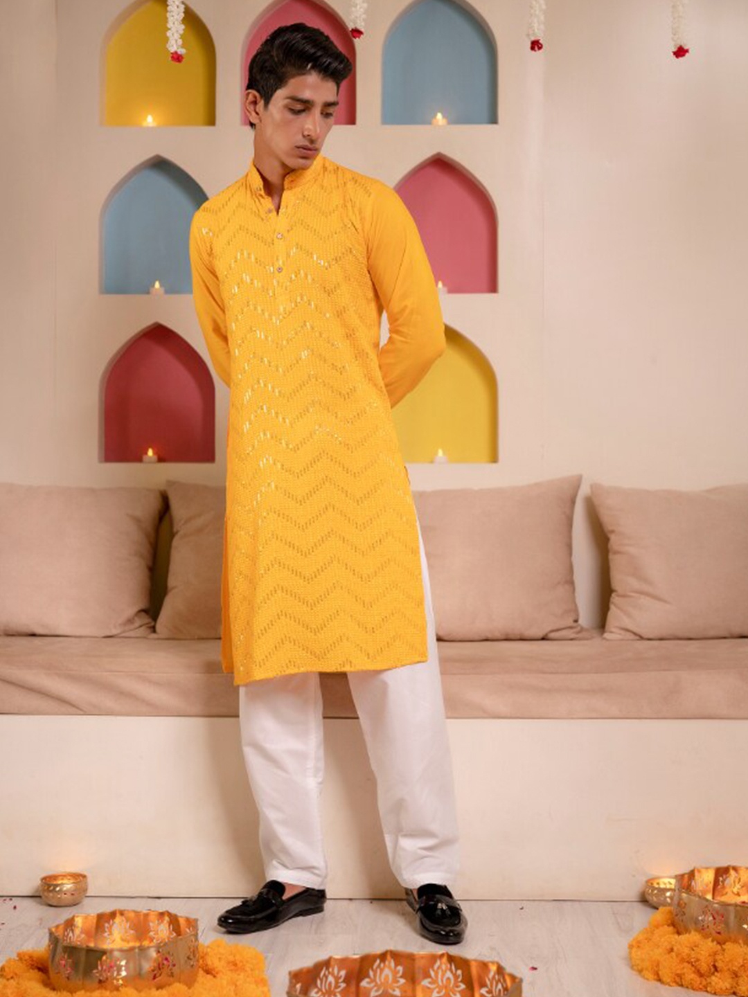 

Firangi Yarn Embroidered Geometric Cotton Silk A-Line Flared Kurta, Yellow