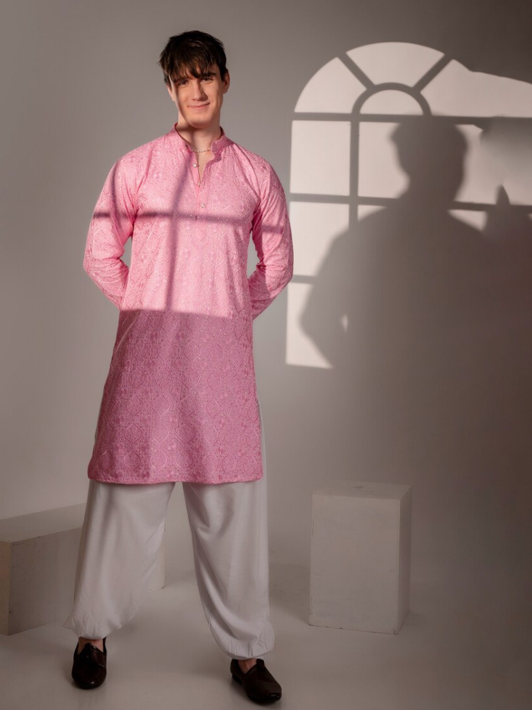 

Firangi Yarn Embroidered Embellished Cotton Silk A-Line Thread Work Curved Kurta, Pink