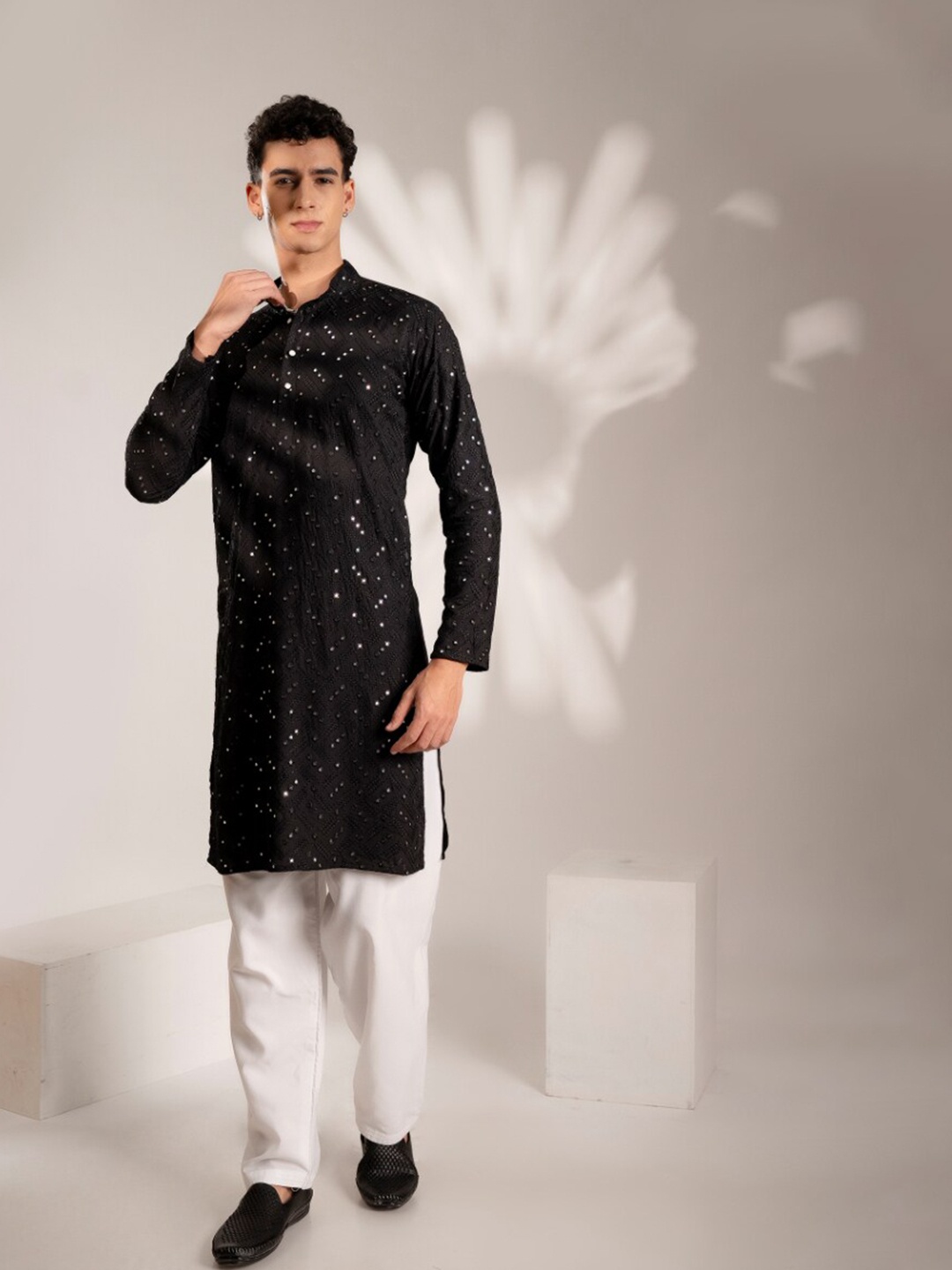 

Firangi Yarn Embroidered Embellished Cotton Silk Empire Straight Kurta, Black