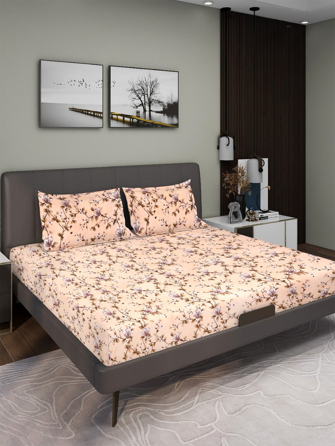 

Aura Peach Floral 160 TC Queen Microfiber Bedsheet With 2 Pillow Covers