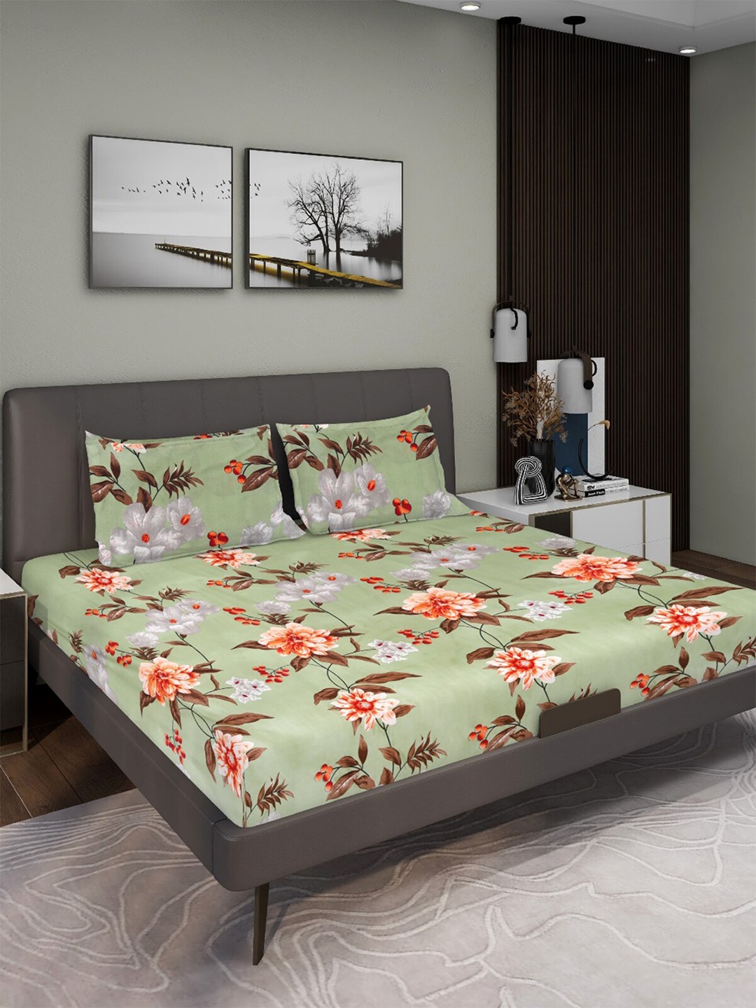 

Aura Green Floral 160 TC Queen Microfiber Bedsheet With 2 Pillow Covers