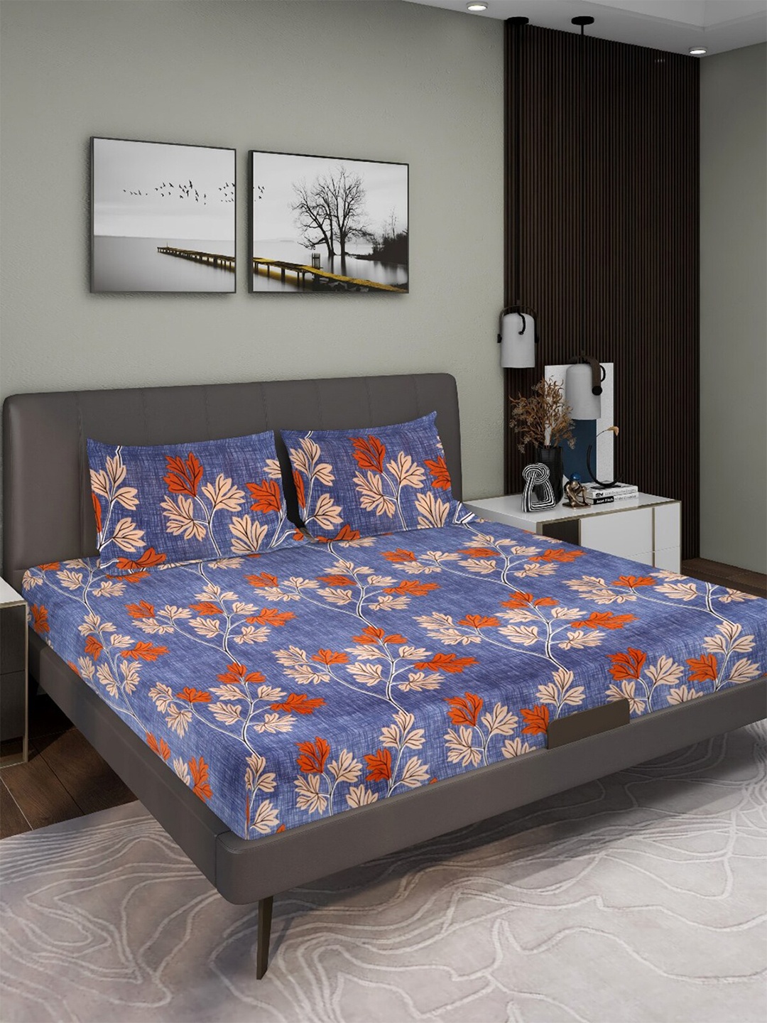 

Aura Blue Floral 160 TC Queen Microfiber Bedsheet With 2 Pillow Covers