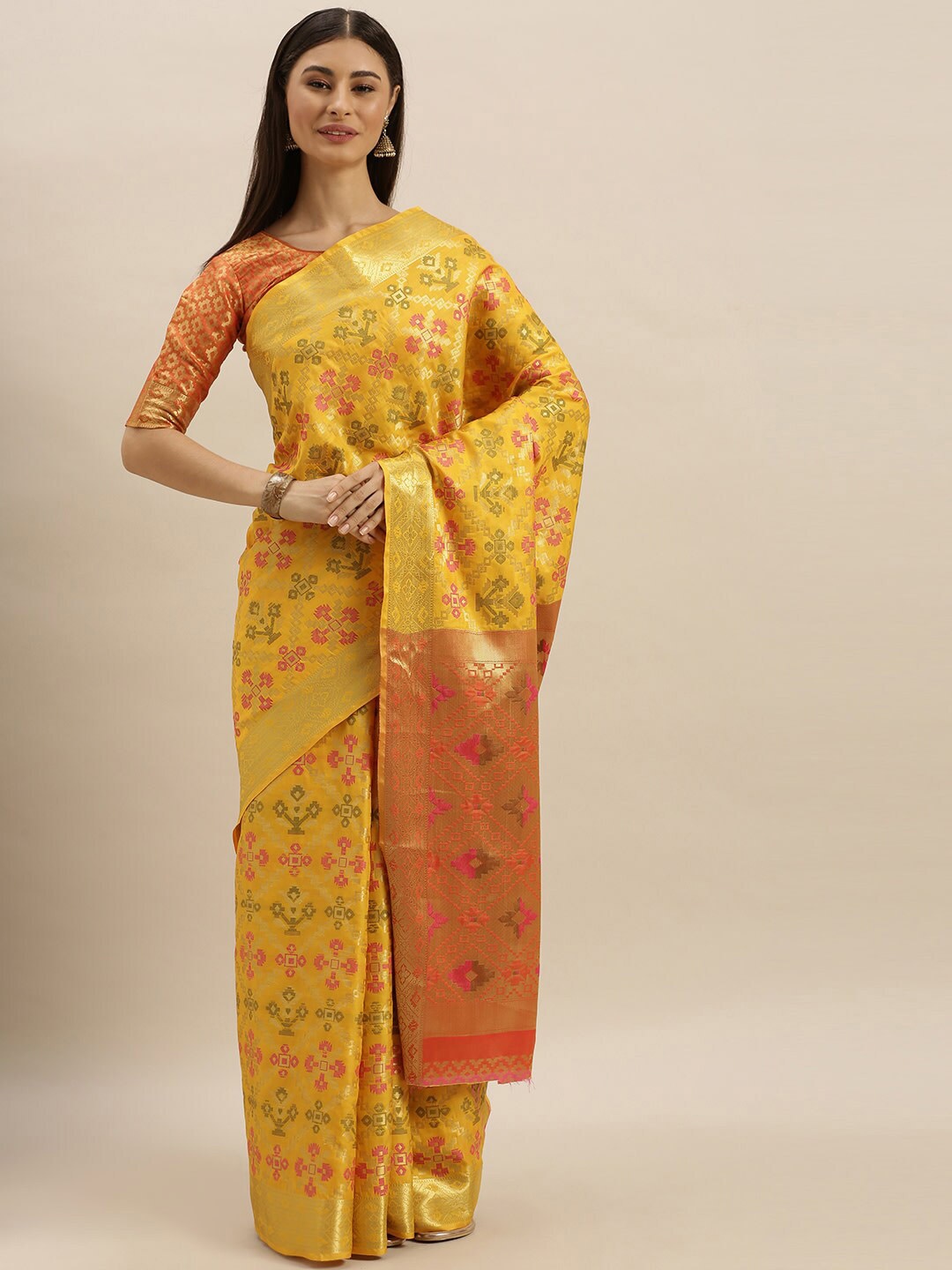 

Mitera Yellow Ethnic Motifs Woven Design Embellished Zari Heavy Work Banarasi Saree