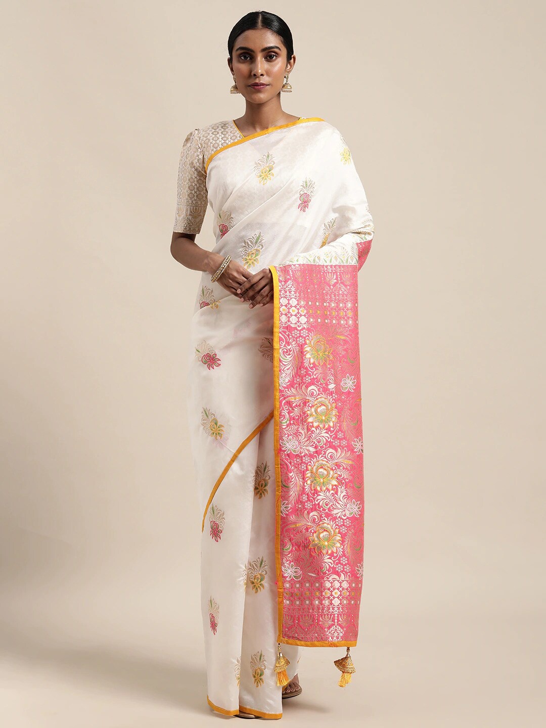

Mitera White & Peach Ethnic Motifs Woven design Zari Heavy Work Banarasi Saree