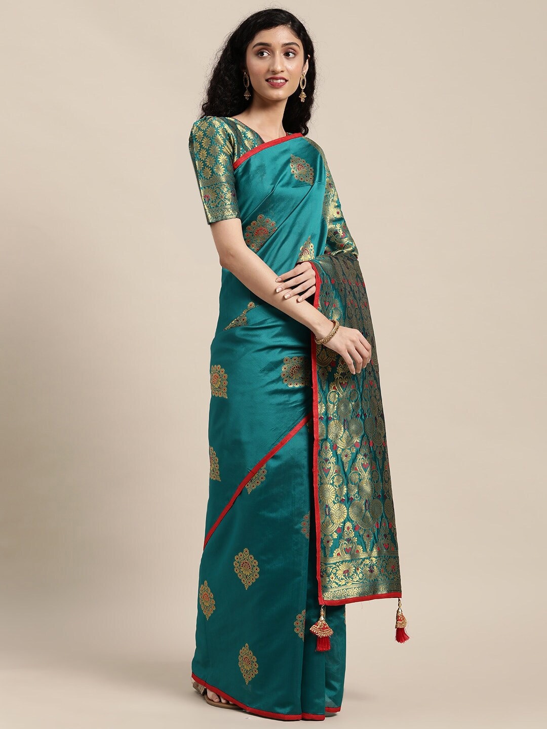 

Mitera Teal & Gold-Toned Ethnic Motifs Woven Design Zari Banarasi Saree