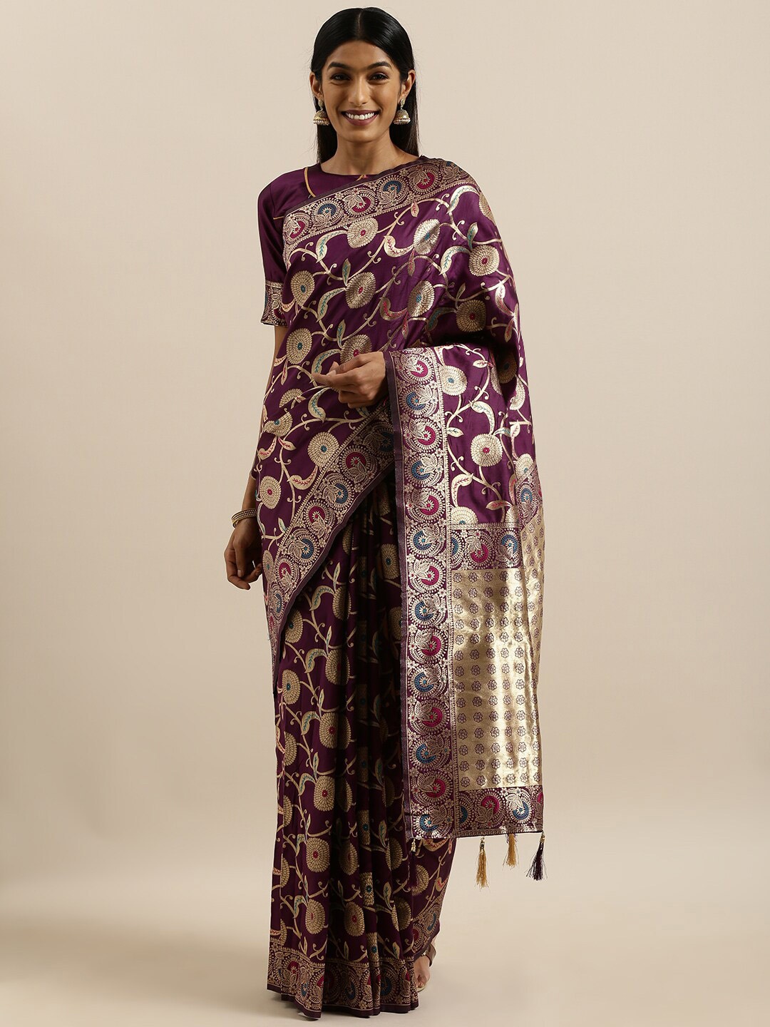 

Mitera Floral Woven Design Zari Banarasi Saree, Purple