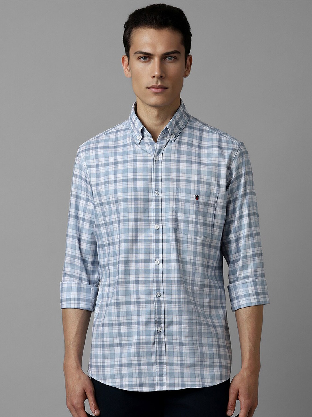 

Louis Philippe Sport Slim Fit Checked Button-Down Collar Cotton Casual Shirt, Blue