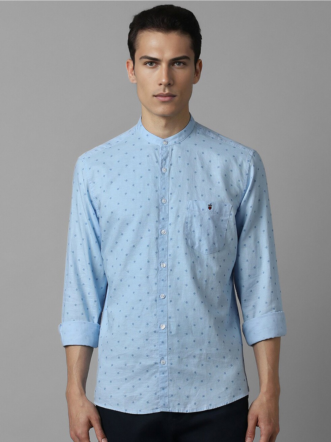 

Louis Philippe Sport Slim Fit Micro Ditsy Printed Band Collar Casual Shirt, Blue