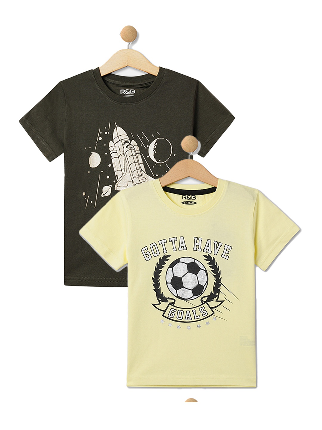 

R&B Boys Pack Of 2 Graphic Printed Round Neck Cotton T-shirts, Yellow