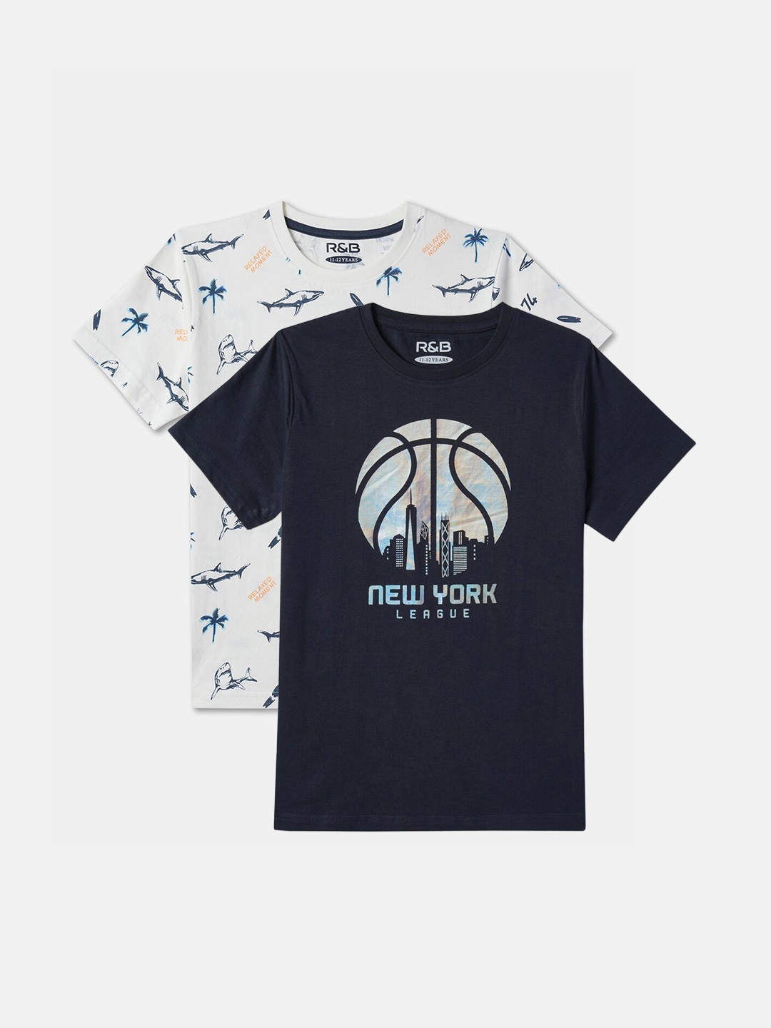 

R&B Boys Pack Of 2 Graphic Printed Round Neck Cotton T-shirts, White