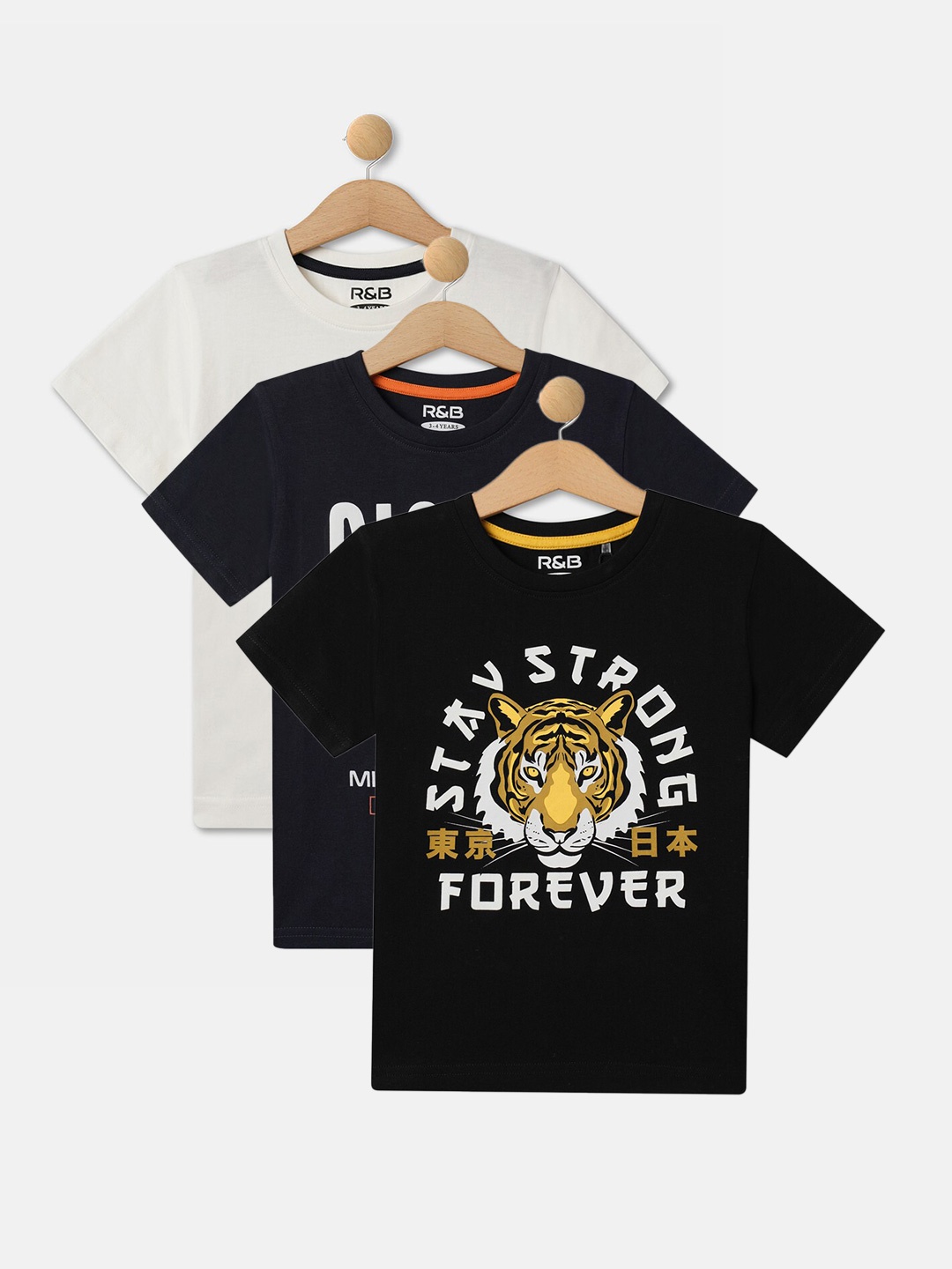 

R&B Boys Pack Of 3 Graphic Printed Cotton T-shirts, Black