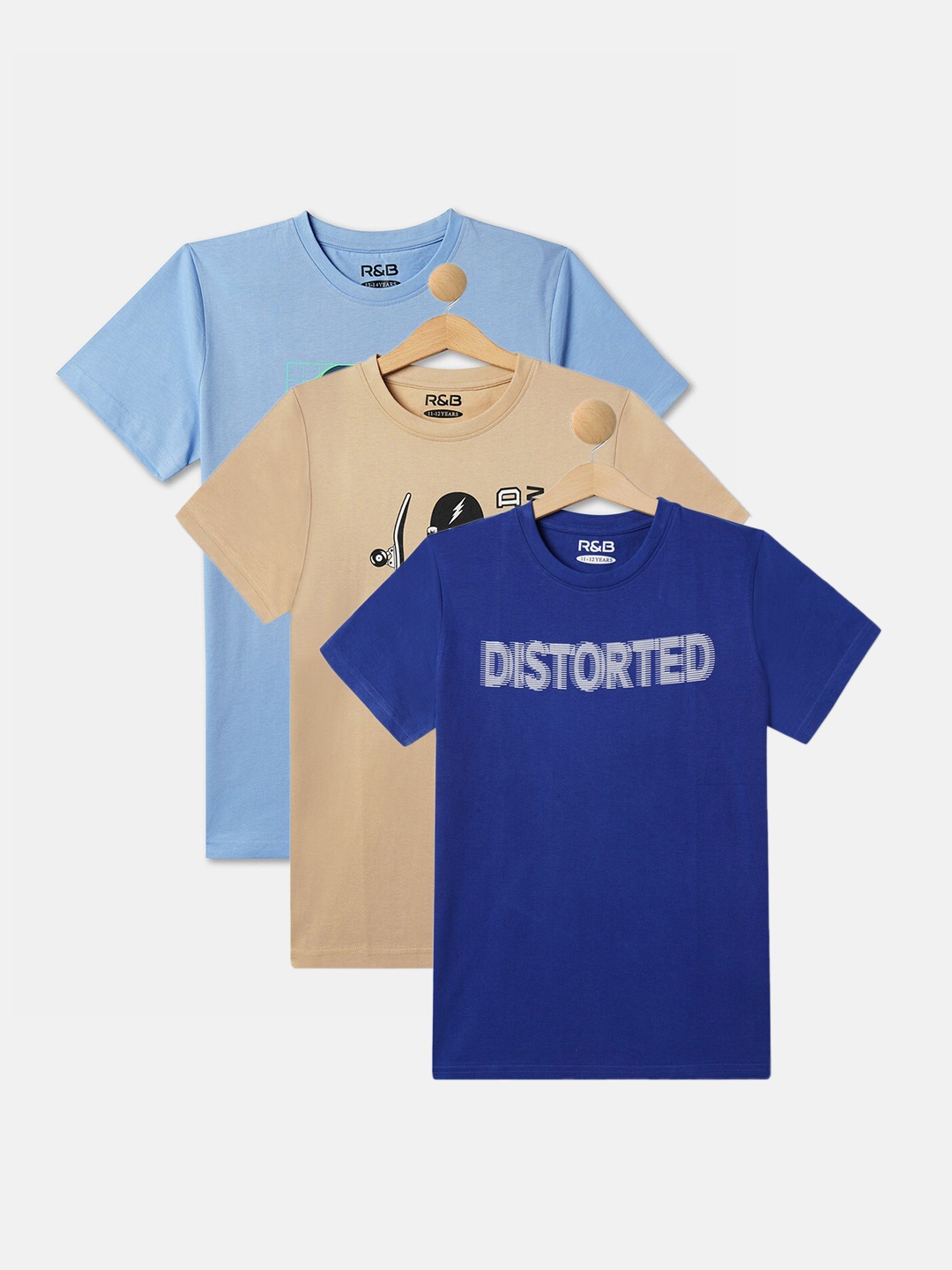 

R&B Boys Pack Of 3 Typography Printed Cotton T-shirts, Blue