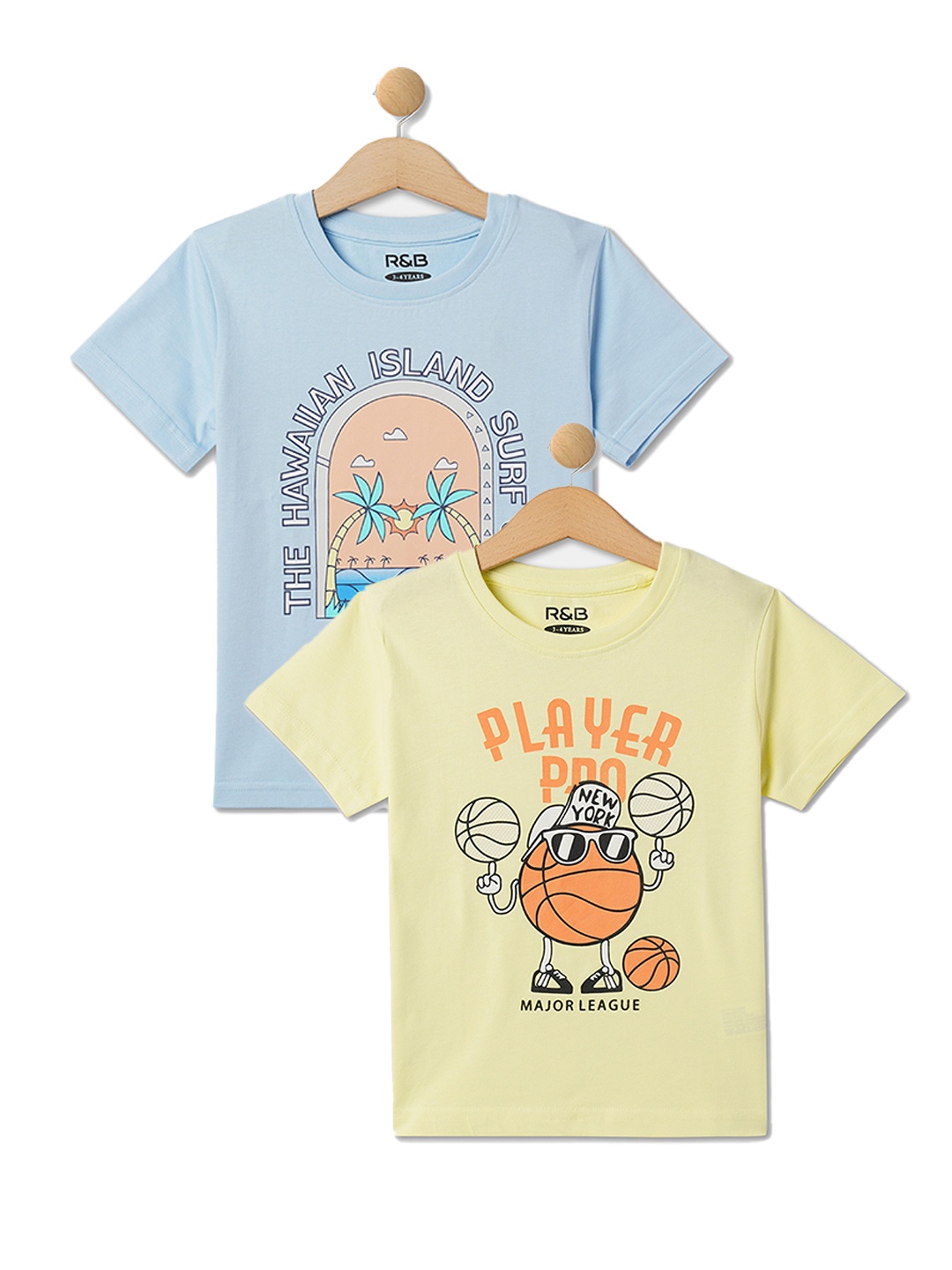 

R&B Boys Pack of 2 Round Neck Short Sleeves Printed Cotton T-shirt, Multi