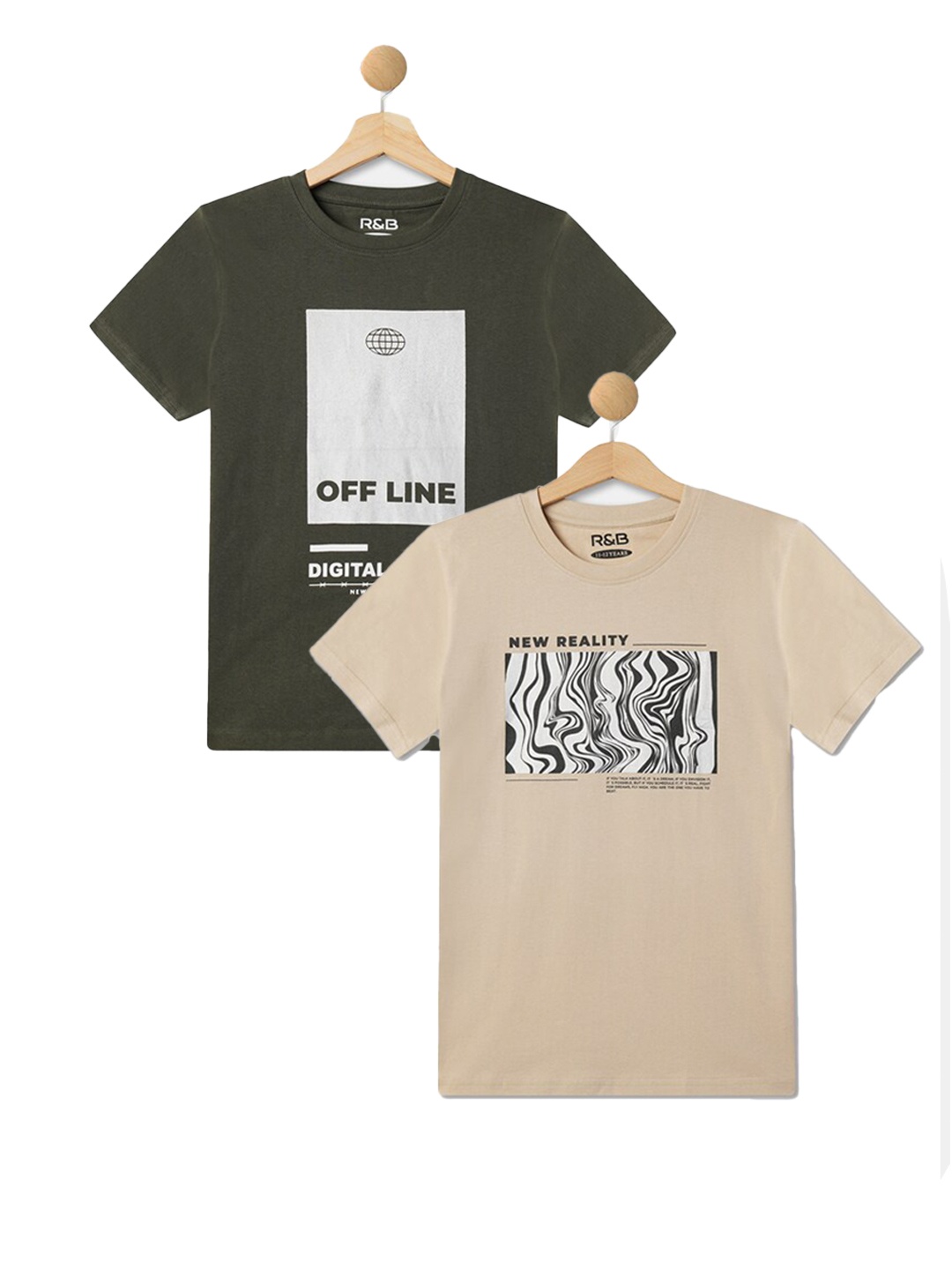 

R&B Boys Pack Of 2 Graphic Printed Cotton T-shirts, Beige