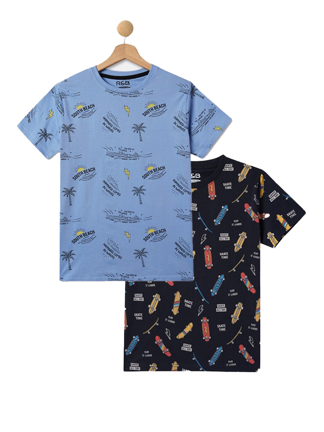 

R&B Boys Pack Of 2 Round Neck Short Sleeves Printed Cotton T-shirts, Navy blue