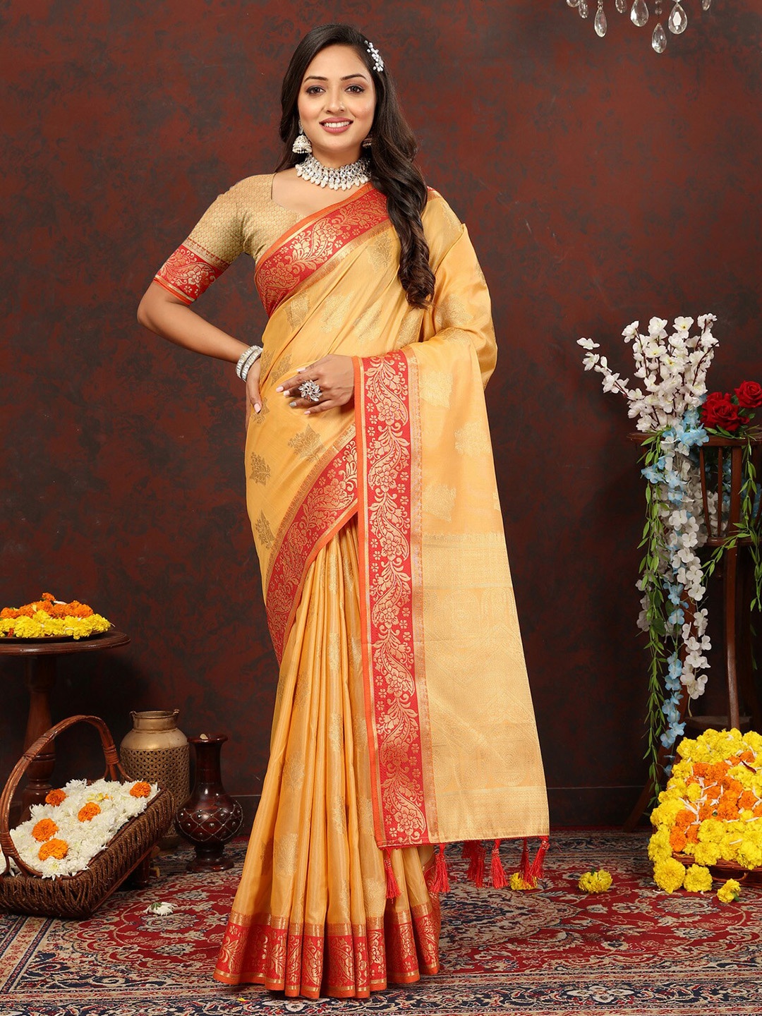 

OFLINE SELECTION Woven Design Zari Banarasi Saree with Tassels, Yellow