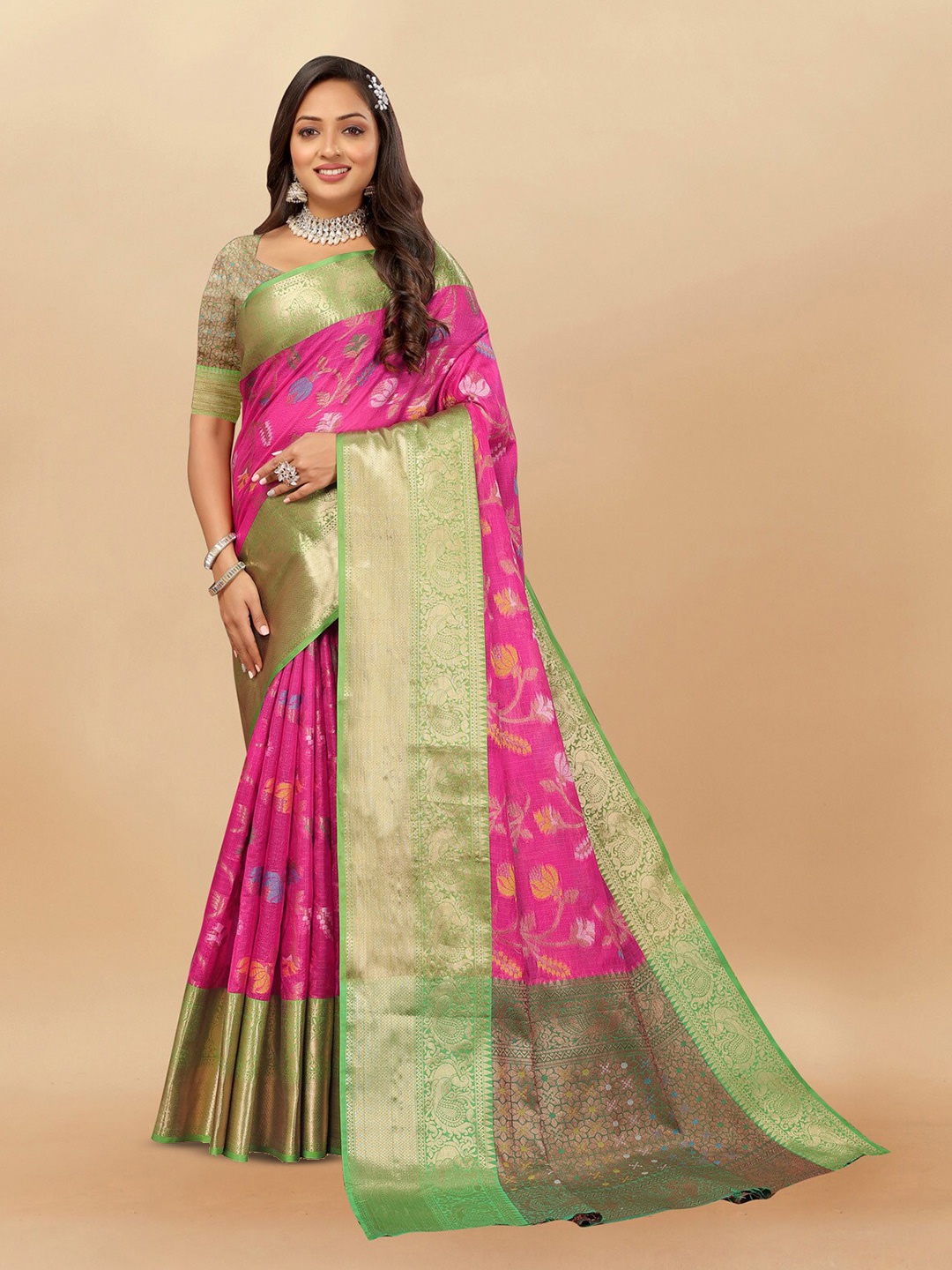 

OFLINE SELECTION Floral Zari Silk Cotton Banarasi Saree, Pink