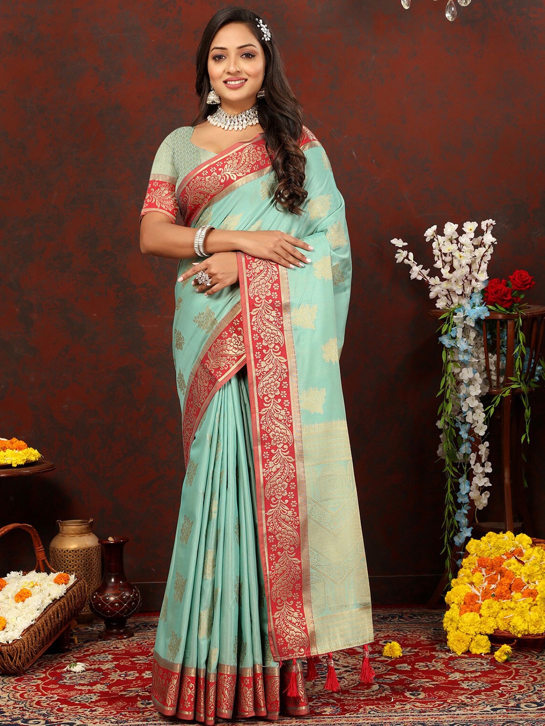 

OFLINE SELECTION Floral Zari Silk Cotton Banarasi Saree, Turquoise blue