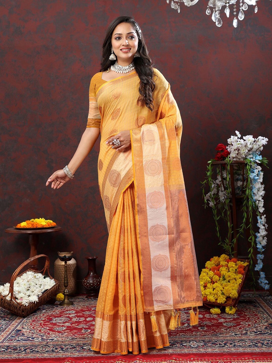 

OFLINE SELECTION Ethnic Motifs Zari Silk Cotton Banarasi Saree, Orange