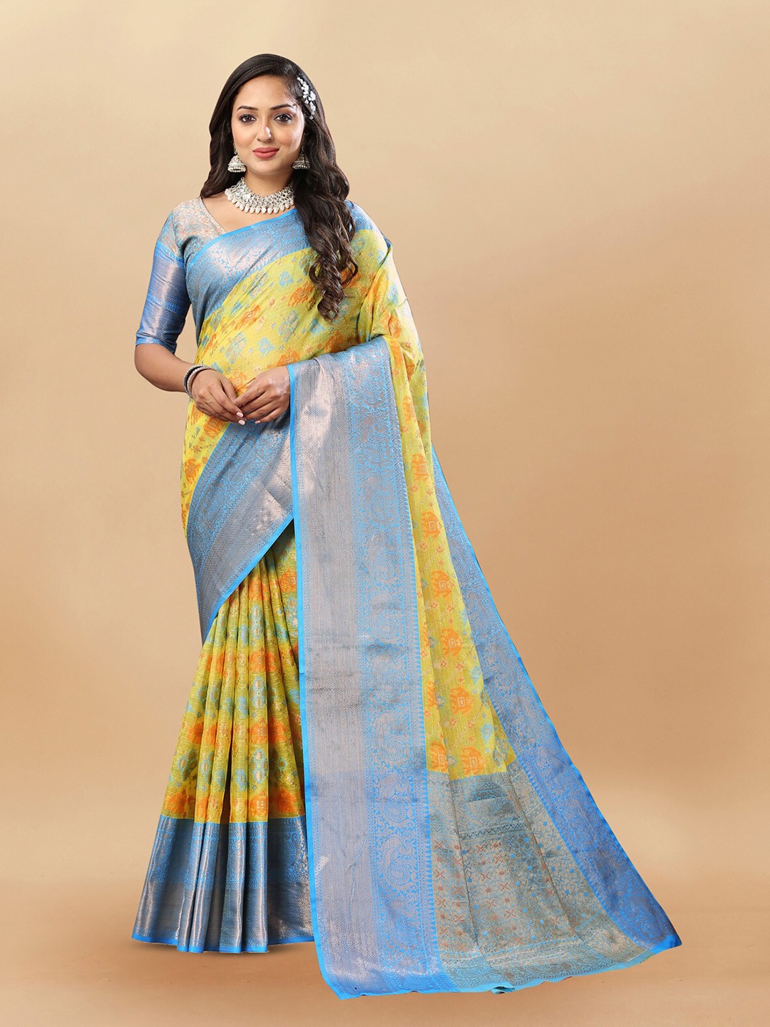 

OFLINE SELECTION Ethnic Print Zari Banarasi Saree, Yellow