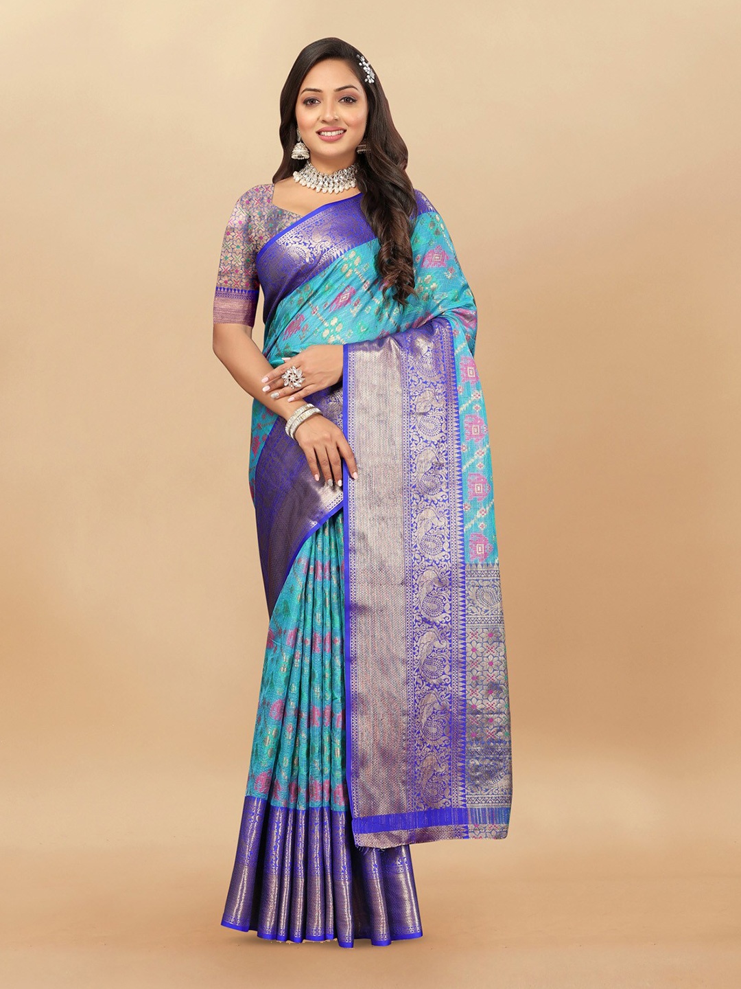 

OFLINE SELECTION Ethnic Motifs Zari Silk Cotton Banarasi Saree, Turquoise blue