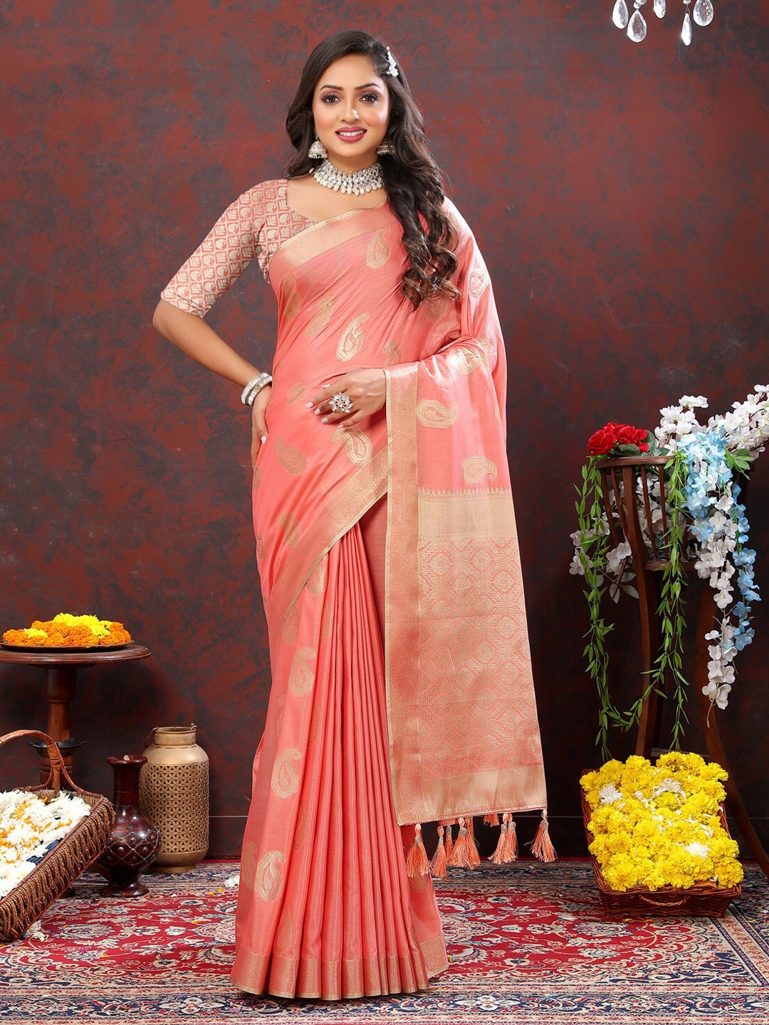 

OFLINE SELECTION Paisley Zari Silk Cotton Banarasi Saree, Peach