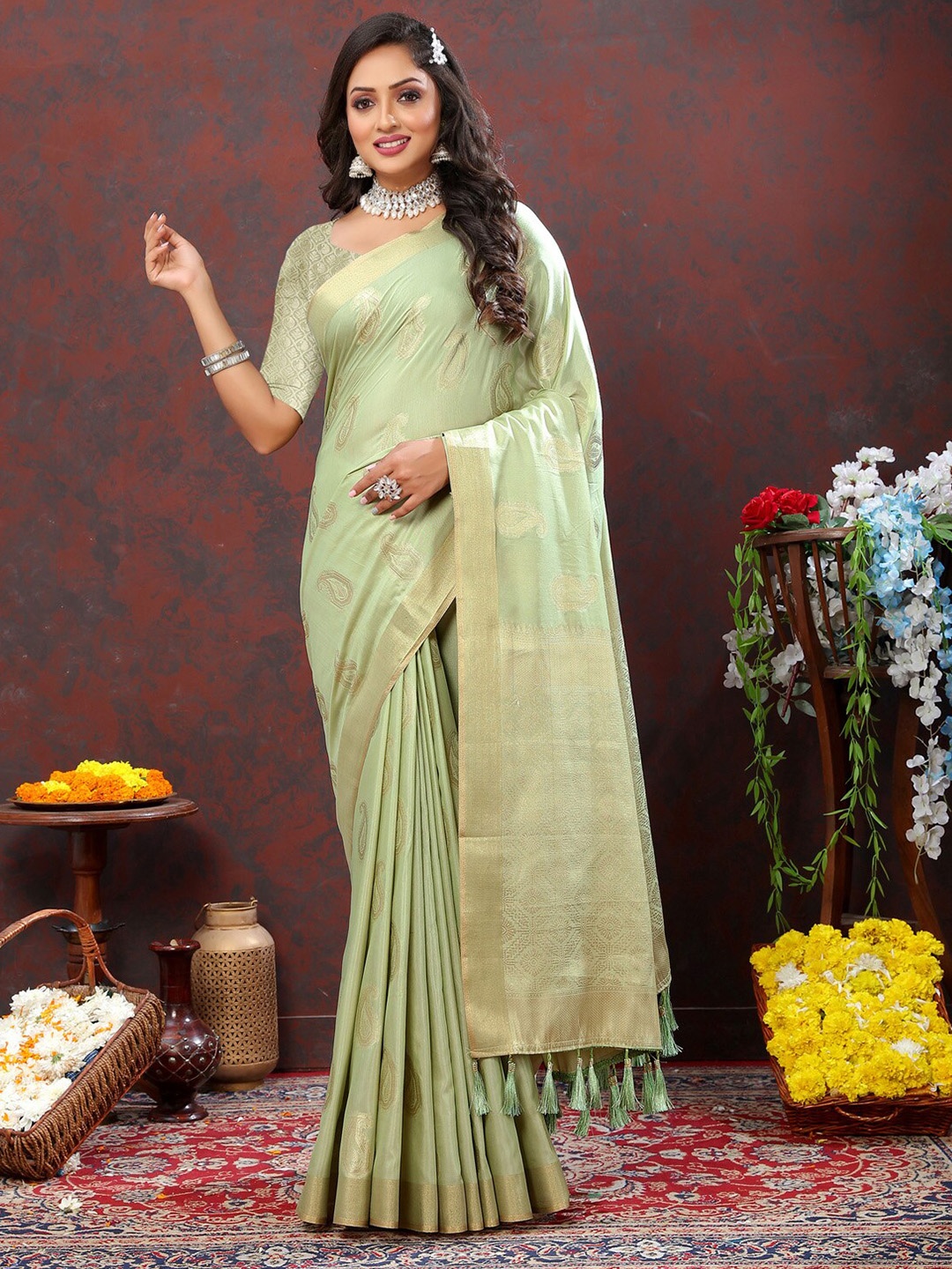 

OFLINE SELECTION Ethnic Motifs Woven Design Zari Silk Cotton Banarasi Saree, Sea green