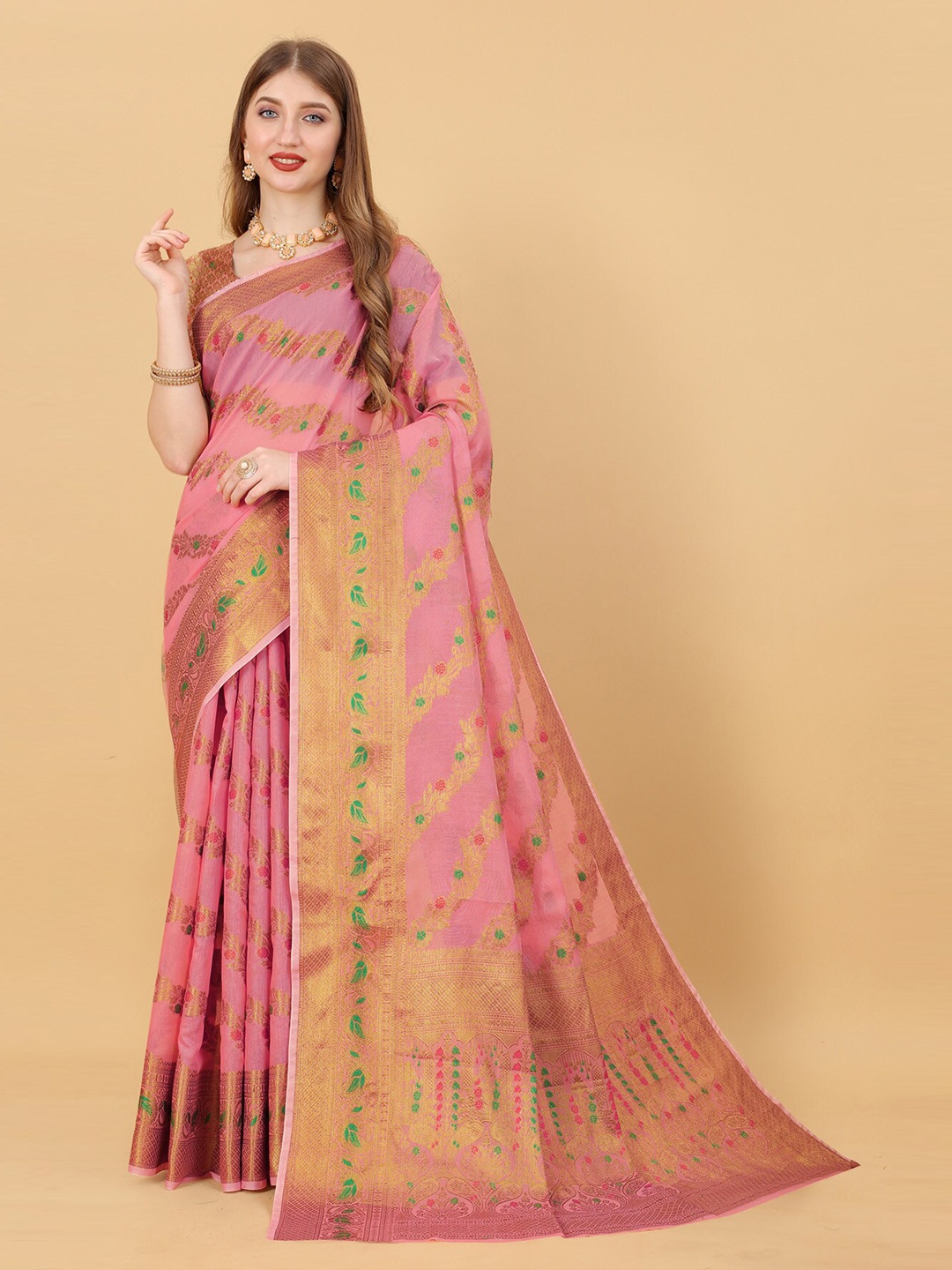 

OFLINE SELECTION Floral Woven Design Zari Silk Cotton Banarasi Saree, Pink