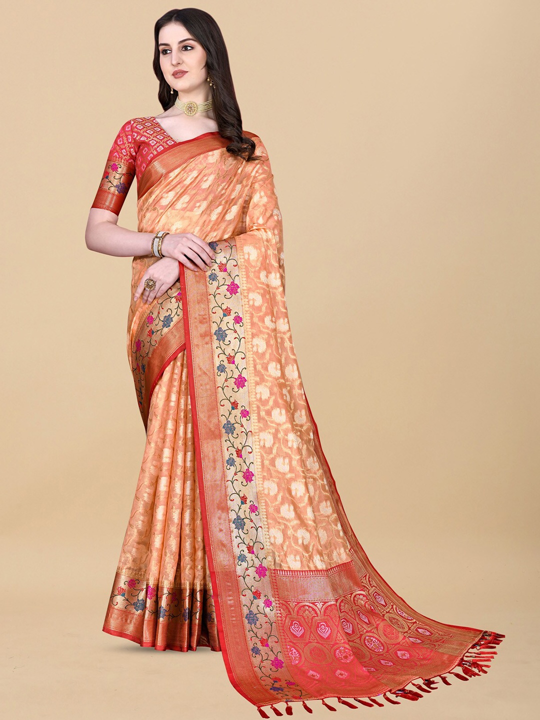 

OFLINE SELECTION Floral Silk Cotton Zari Banarasi Saree, Orange