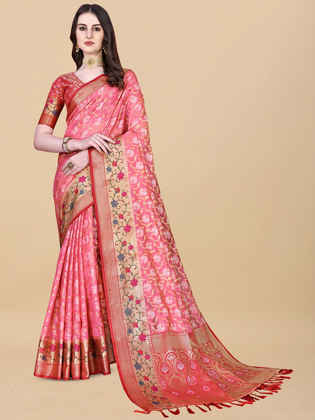 

OFLINE SELECTION Floral Woven Design Zari Silk Cotton Banarasi Saree, Pink